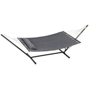 2 Person Hammock Quilted Double Hammock with Stand Pillow Spreader Bars for Outdoor Camping Beach, Dark Grey