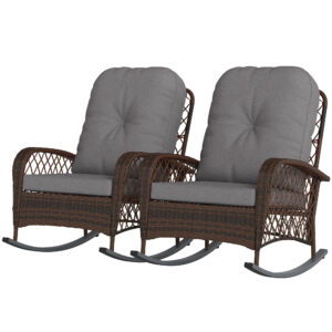 Outdoor Wicker Rattan Rocking Chair Set of 2, Patio Rocker with Thick Cushions for Garden Backyard Porch, Grey