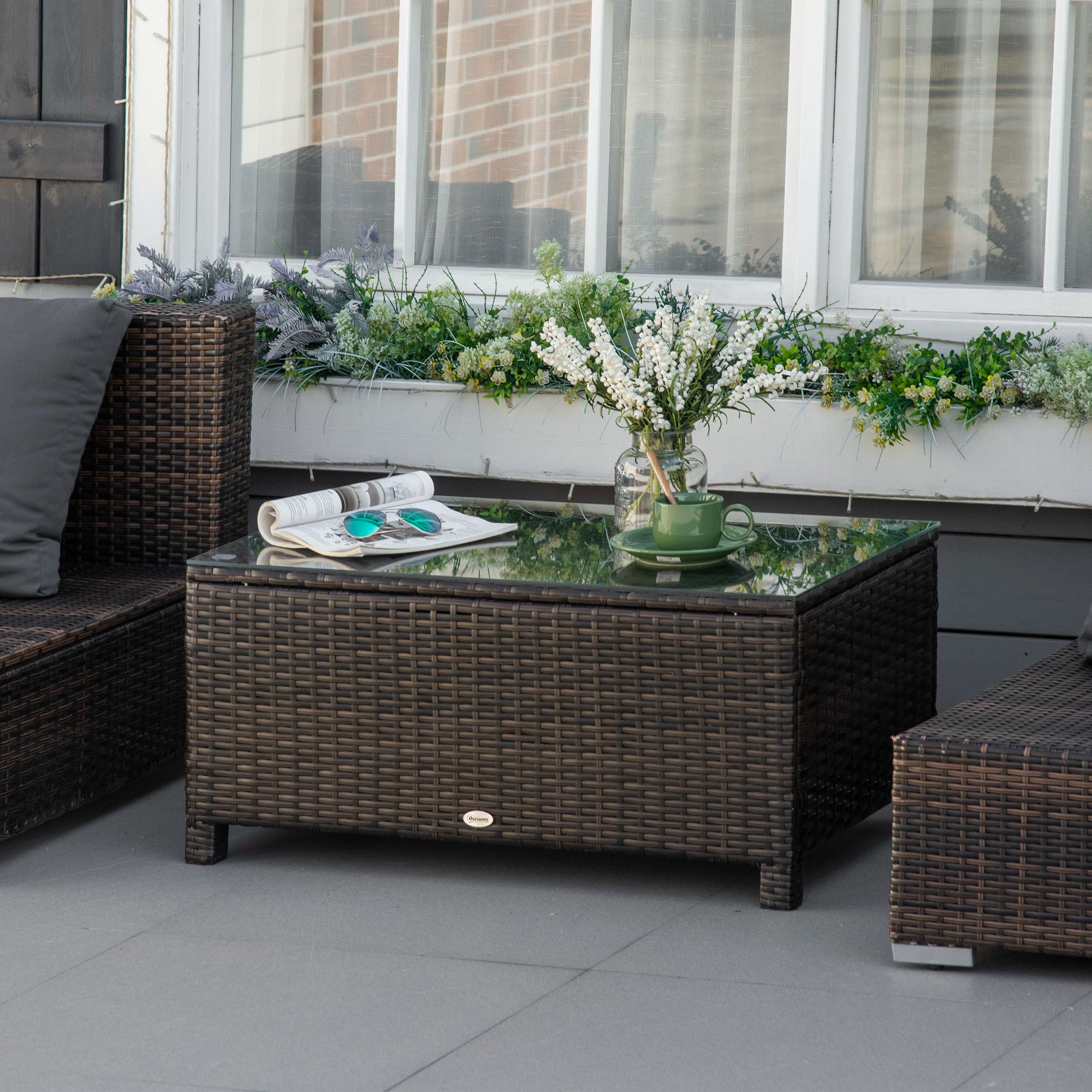 Rattan Wicker Coffee Table with Glass Top Outdoor Garden Patio Furniture Brown Tempered - Image 6