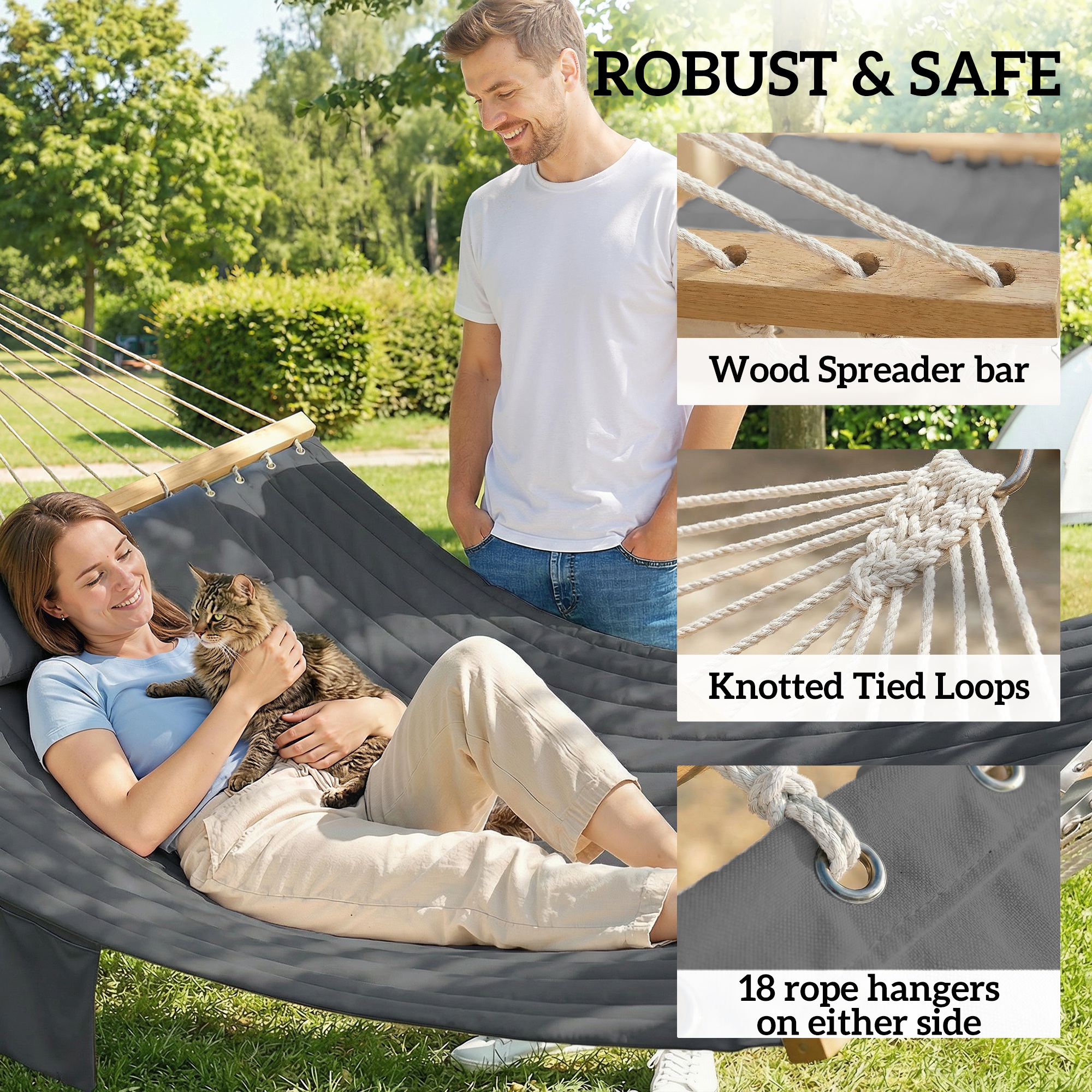 Outdoor Hammock Padded Camping Hammock with Pillow & Spreader Bars 200 x 140 cm Grey - Image 4