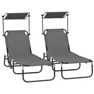2 Piece Folding Outdoor Chaise Lounges, Pool Tanning Chairs with Reclining Back, Sunshade for Beach, Patio, Dark Grey