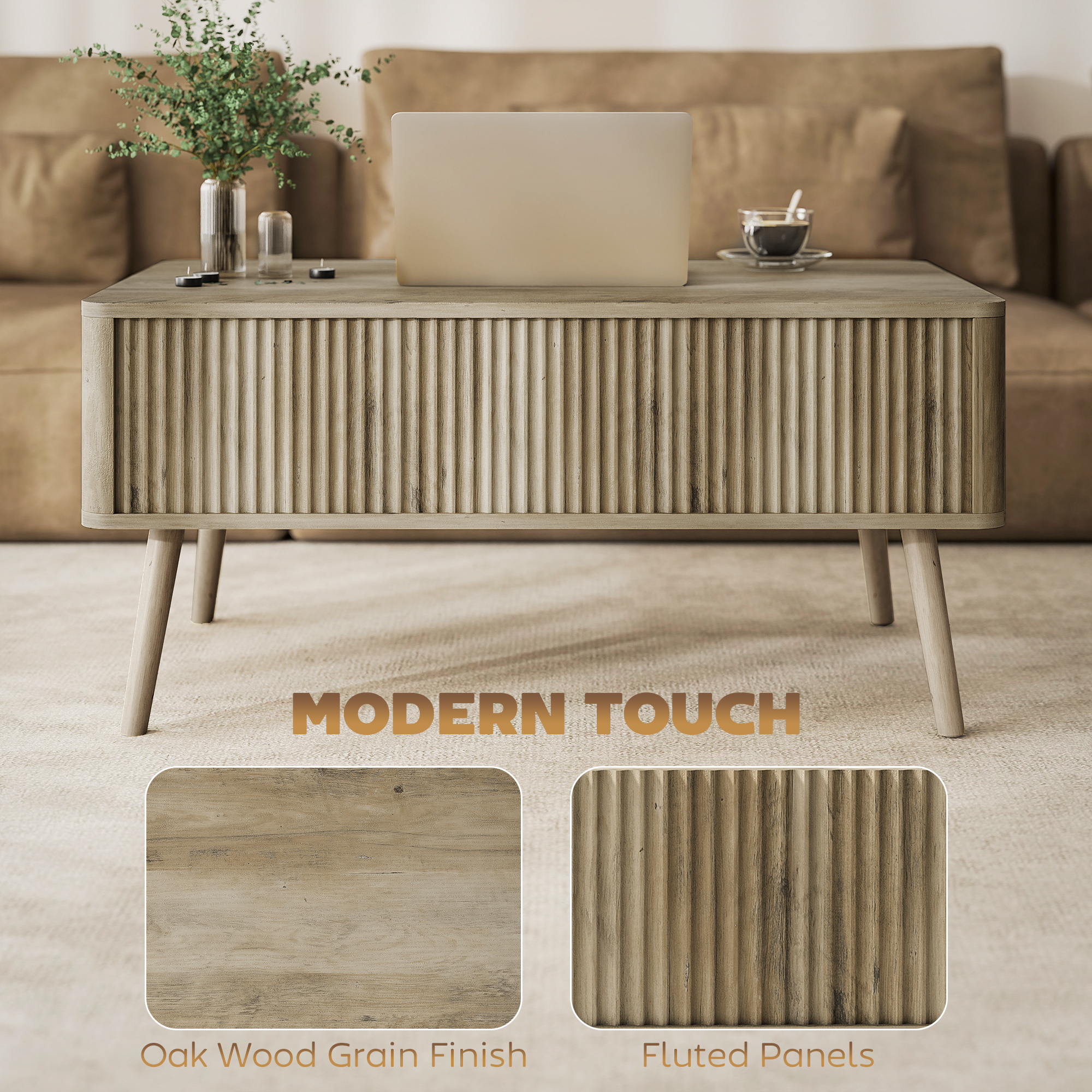Lift Top Coffee Table with Storage, Center Table with Hidden Compartments and Pine Wood Legs for Living Room, Oak - Image 4