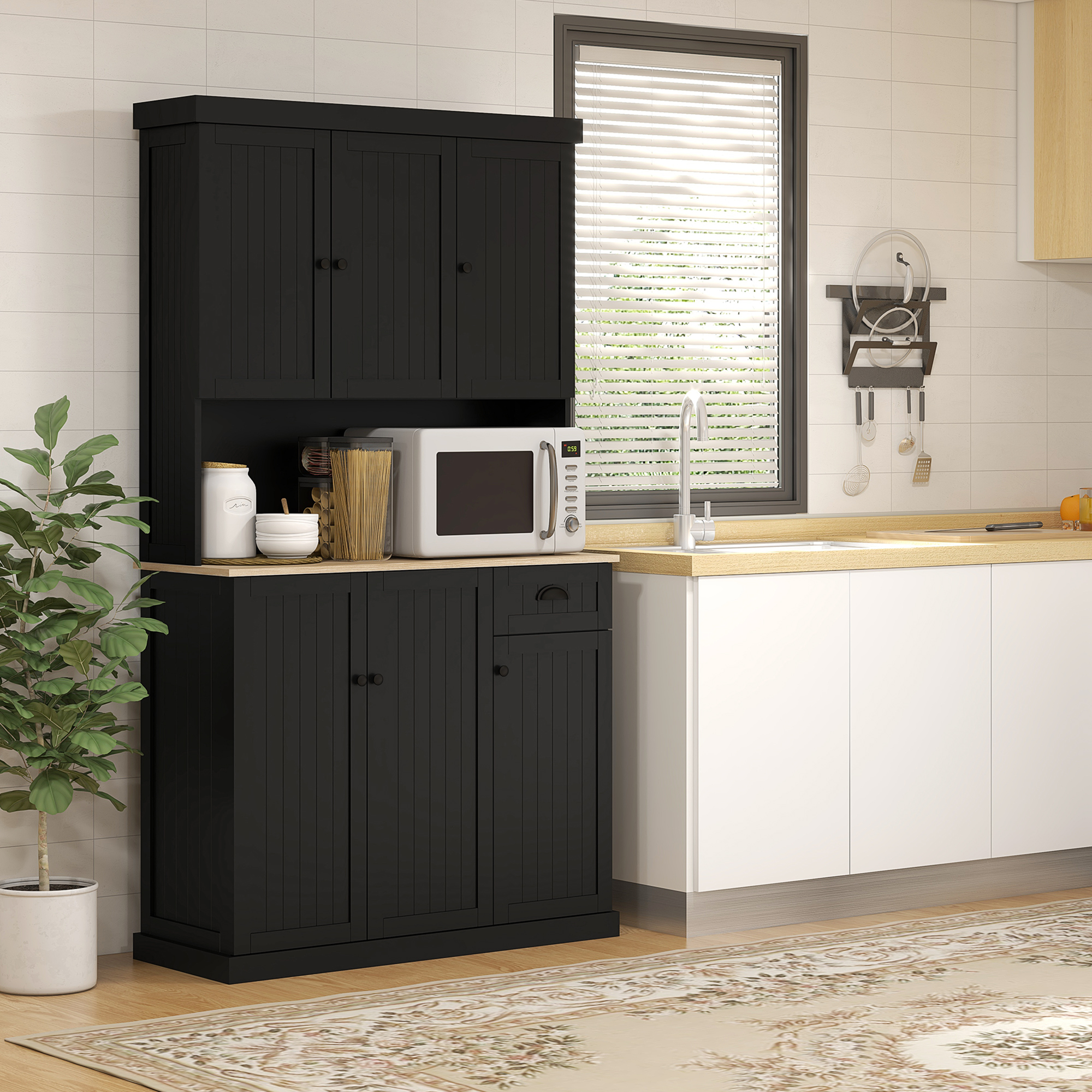 71" Kitchen Pantry Buffet with Hutch Storage Cabinet Microwave Oven Stand with Drawer, Black - Image 6
