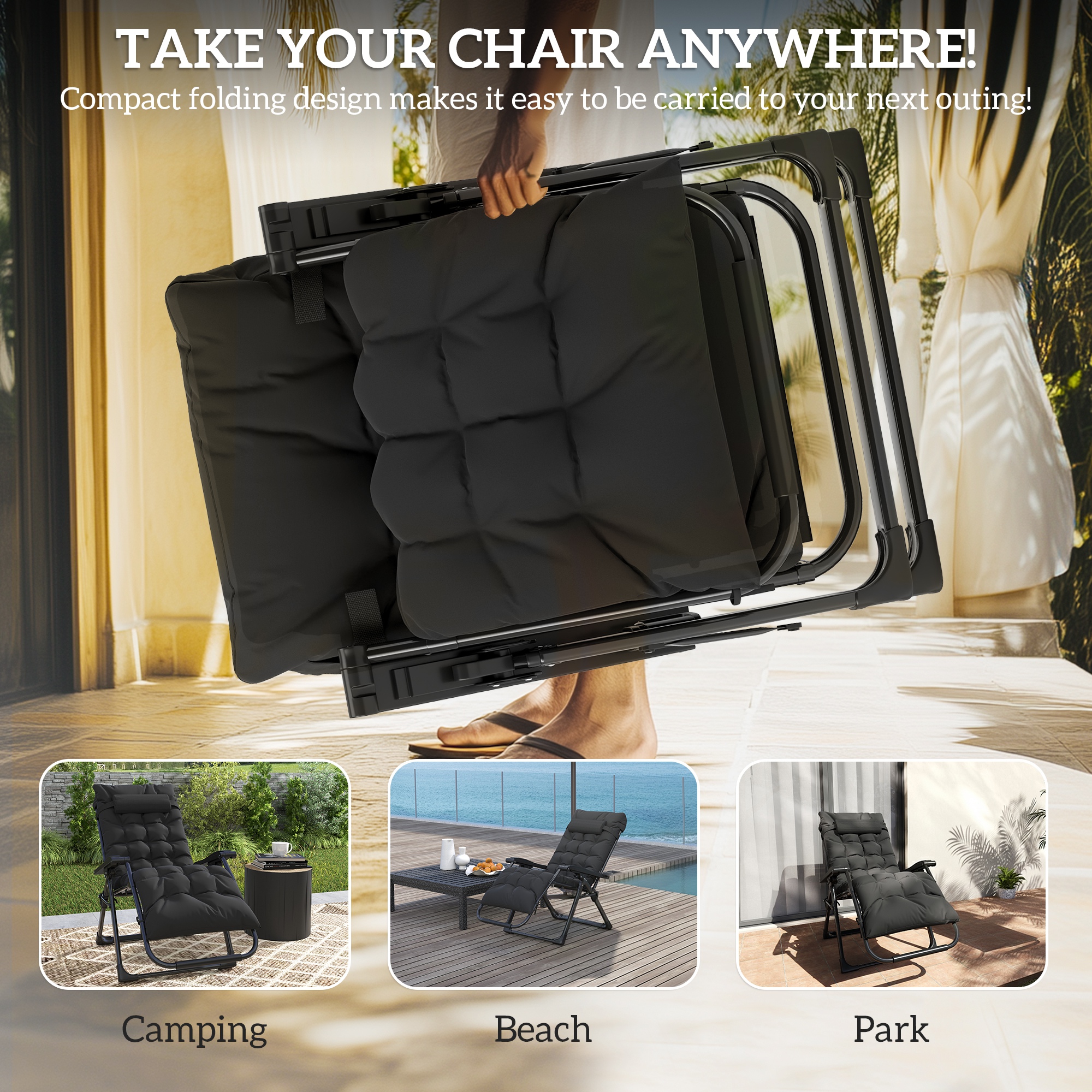 Folding Garden Chair, Reclining Zero Gravity Chair, Sun Lounger with Cushion and Headrest, Black - Image 3