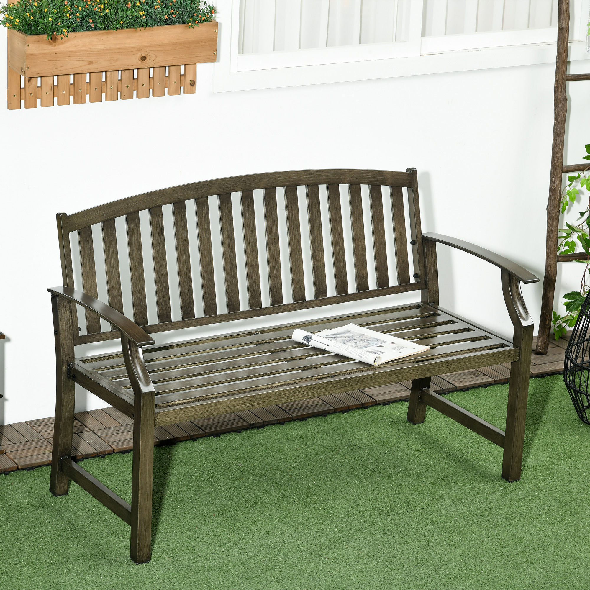 Outdoor Garden Bench, Metal Bench, Wood Look Slatted Frame Furniture for Patio, Park, Porch, Lawn, Yard, Deck, Black - Image 6