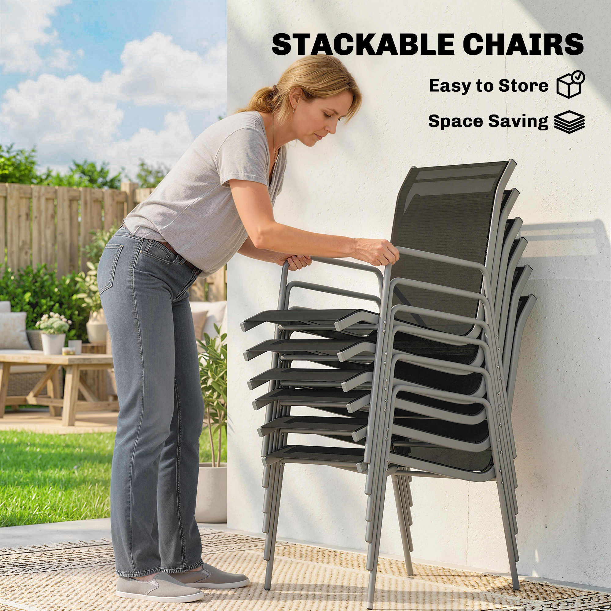 7 Piece Garden Dining Set, Garden Furniture Set with Rectangle Table and 6 Stackable Chairs - Image 2