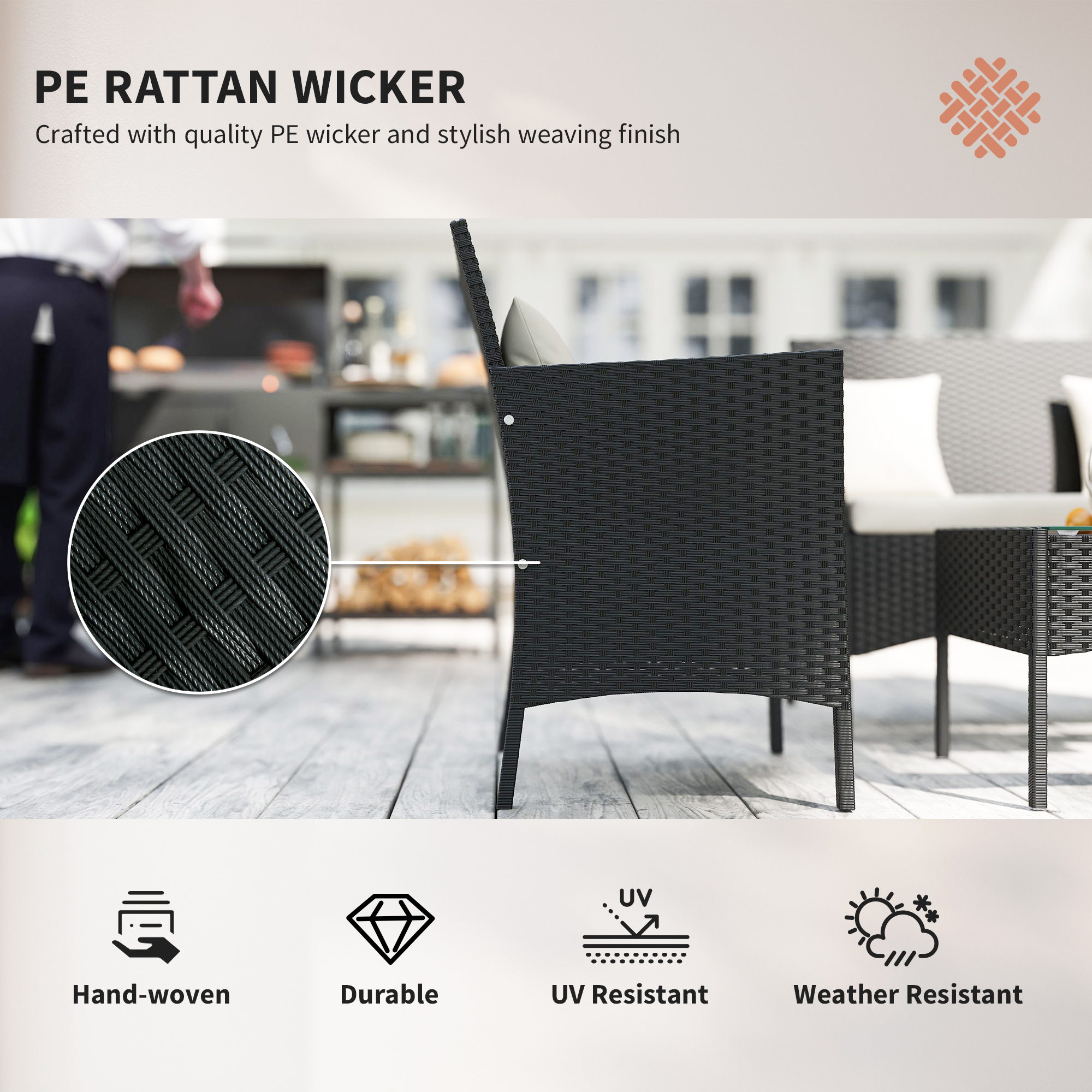 4-Piece Rattan Outdoor Furniture Set Patio Furniture Set with Coffee Table 22.8" W x 21.7" D x 33.5" H Black & Cream - Image 3