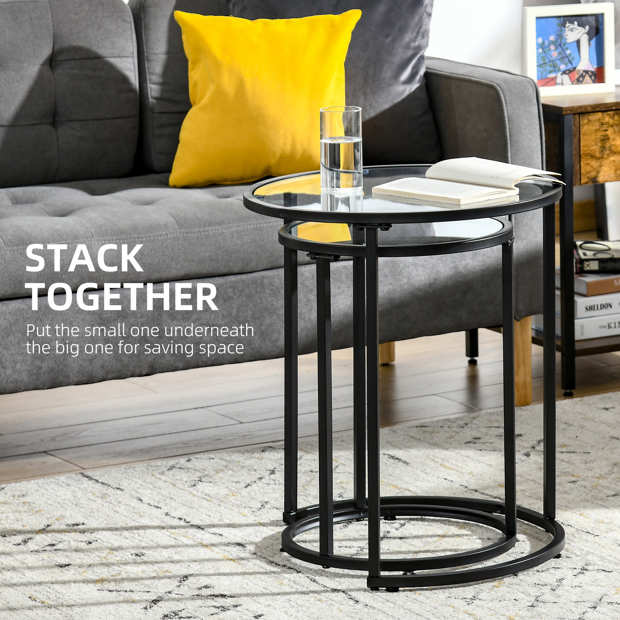 Set of 2 Nesting Coffee Tables with Metal Base, Round Side Table with Tempered Glass Tabletop for Living Room, Bedroom, Black - Image 2