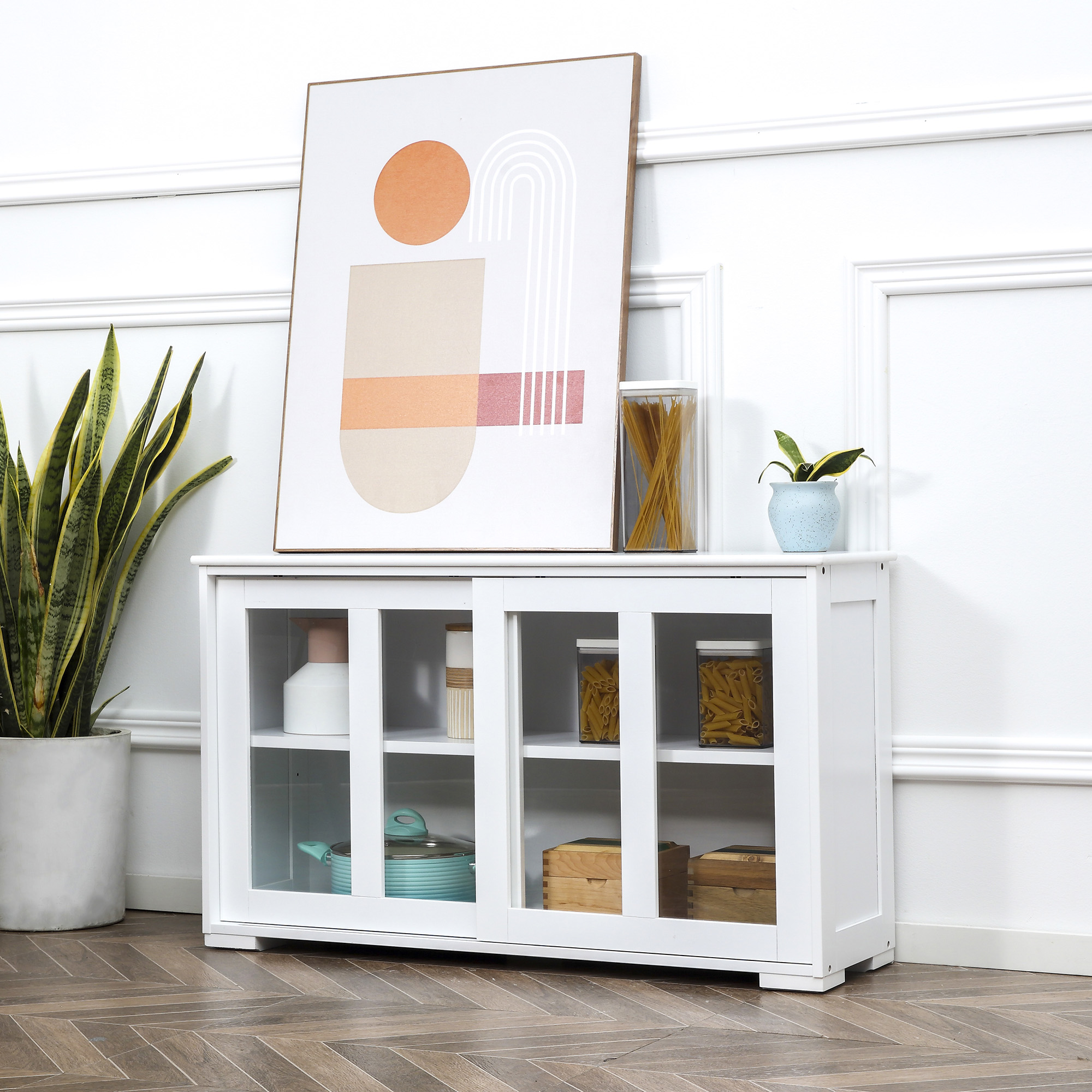 Modern Kitchen Sideboard, Stackable Storage Cabinet, Sliding Glass Door Console, Cupboard Serving Buffet for Kitchen & Dining Room, White - Image 6