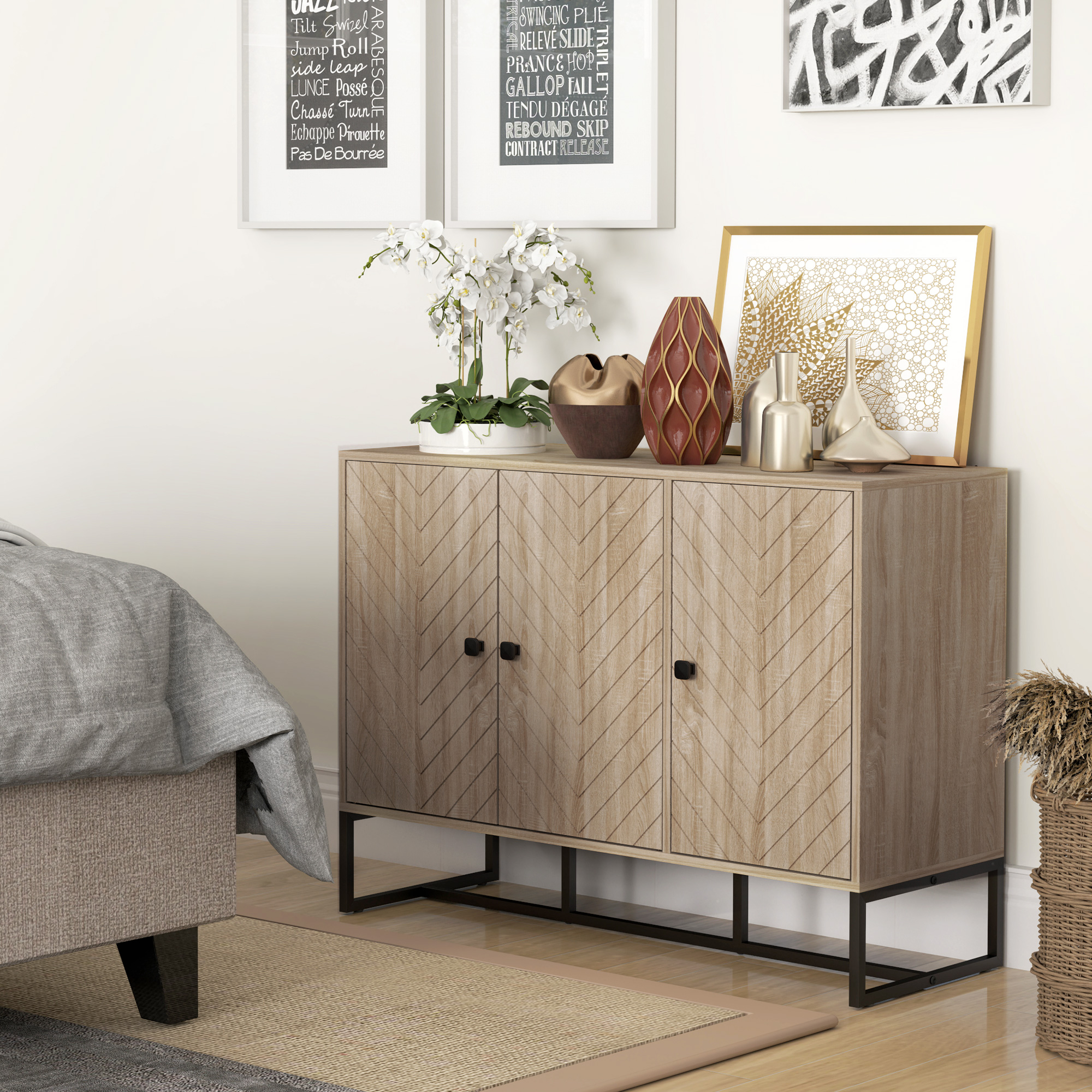Modern Sideboard, Buffet Cabinet with Adjustable Shelves, 3 Chevron Doors for Living Room, Hallway, Oak Wood Grain - Image 6