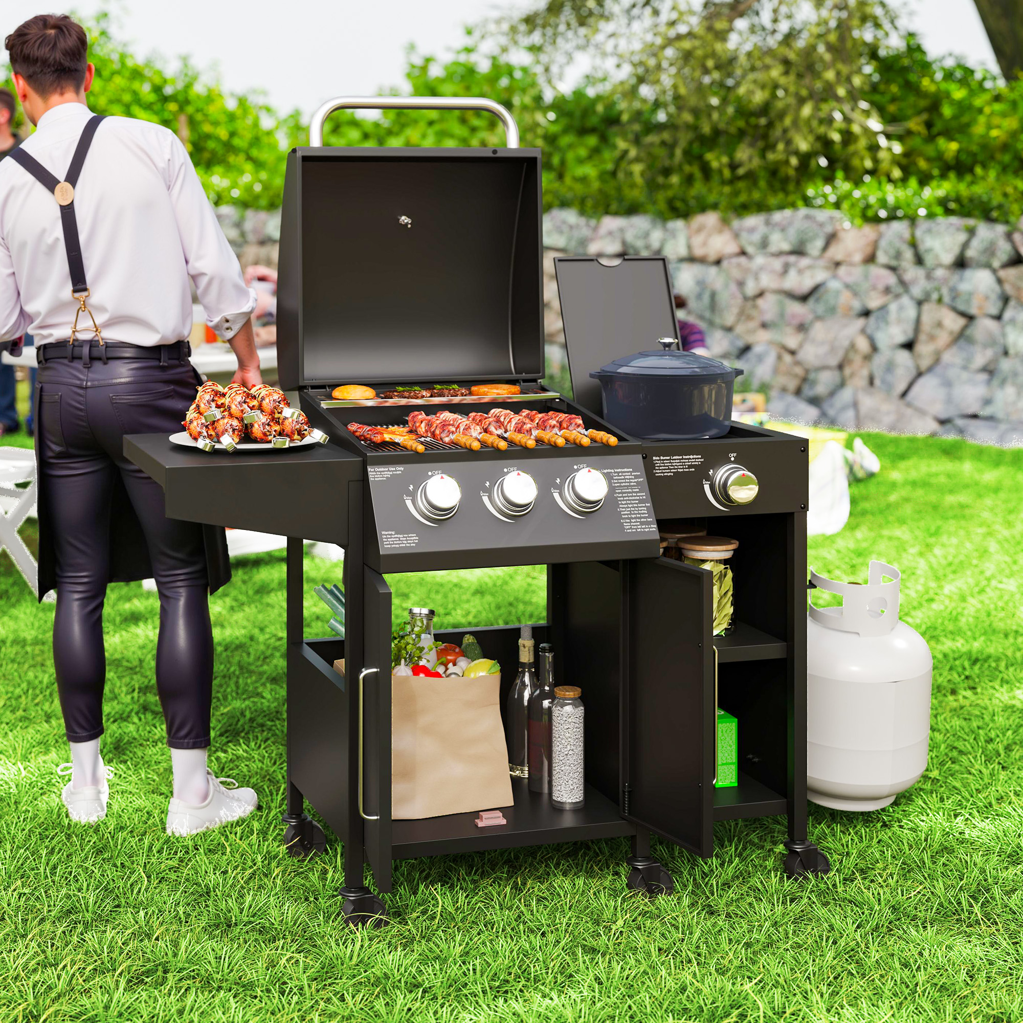 3 Burner Gas Grill with Side Burner, 9.5 KW Propane BBQ Grill, Cabinet Style with Shelves, Wheels, Instant Ignition - Image 6