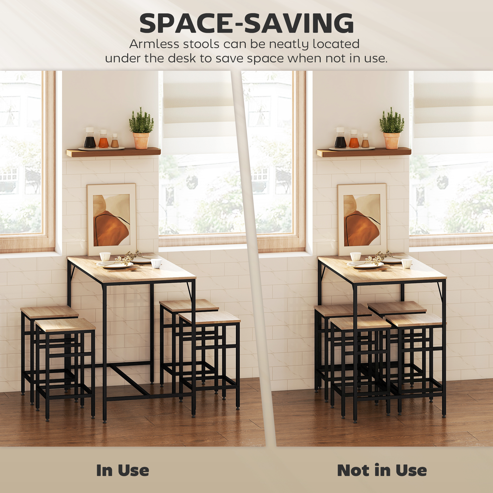 5 Pieces Industrial Rectangular Bar Table Set, Dining Table Set Breakfast Table with 4 Stools for Dining Room, Kitchen, Dinette, Oak - Image 2