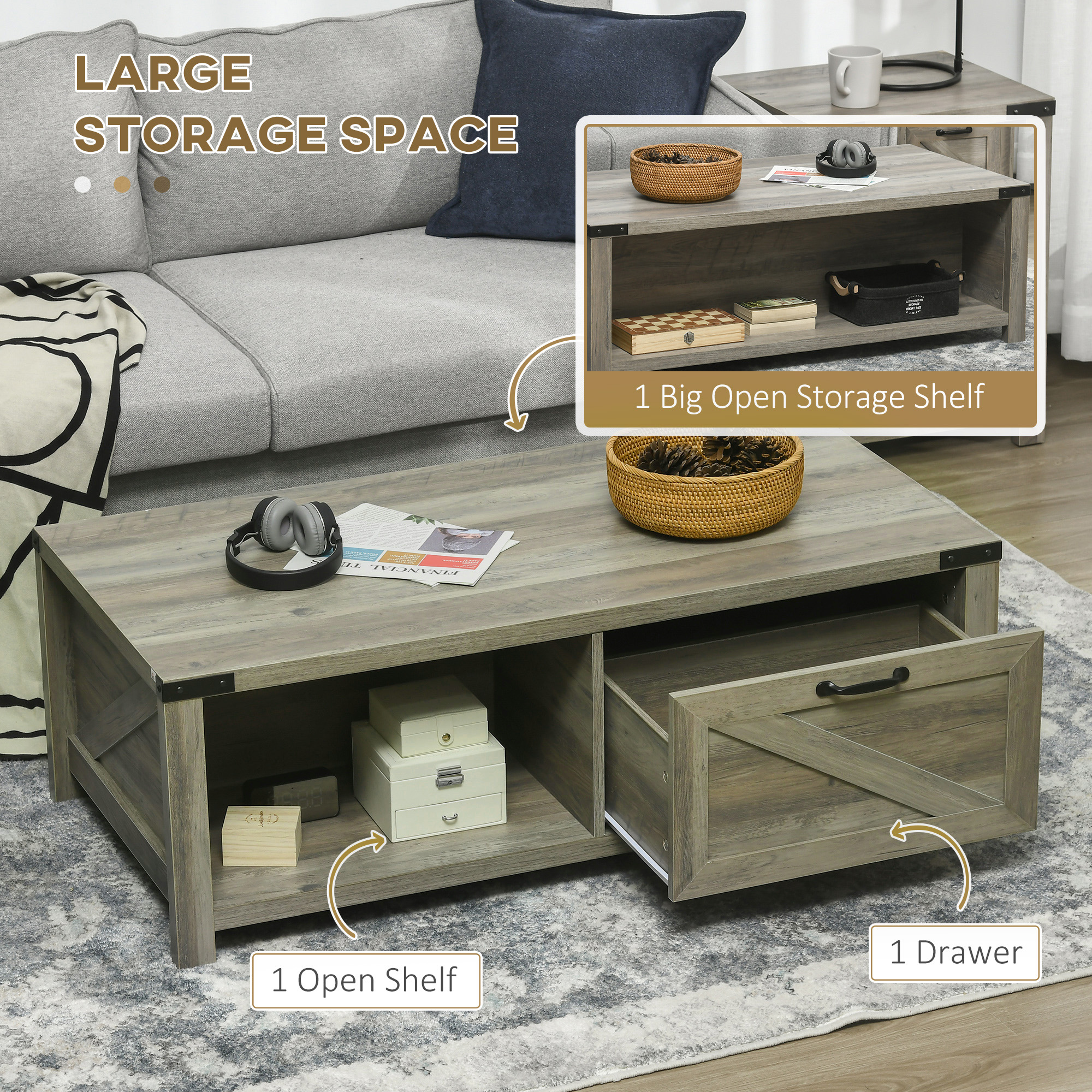 Farmhouse Coffee Table with Drawer and Storage Shelf, Rustic Center Table for Living Room, Meeting Room, Grey - Image 2