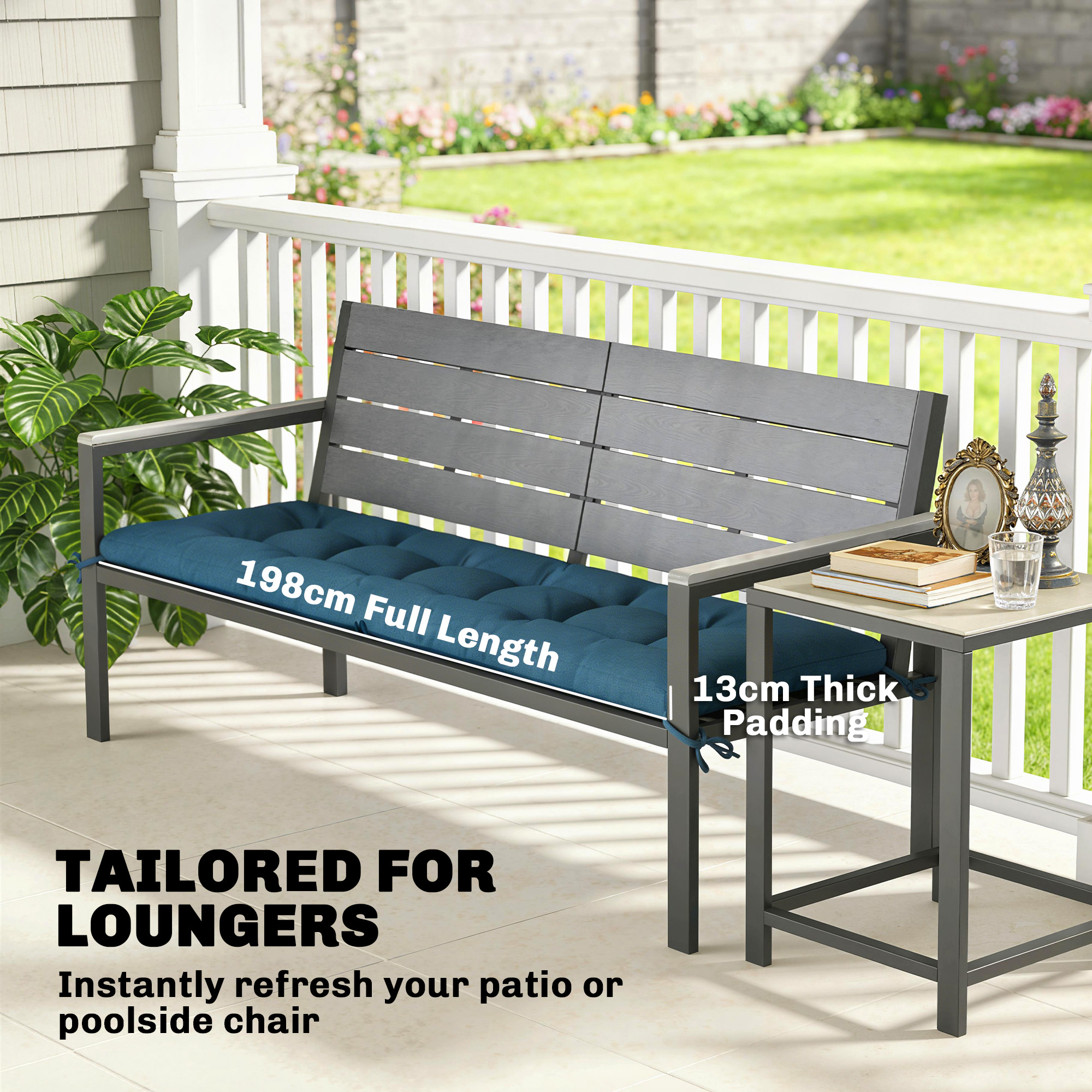 Patio Lounge Chair Cushion, UV50+ Chaise Lounge Chair Cushion with Securing Straps for Patio, 78 x 25.6 inch, Blue - Image 2