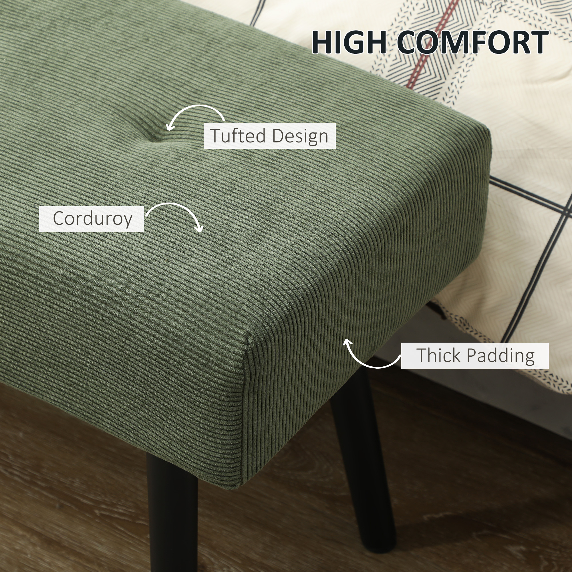 39" Upholstered Ottoman Bench, Corduroy Entryway Bedroom Bench with Padded Seat and Steel Legs for Bedroom, Green - Image 2