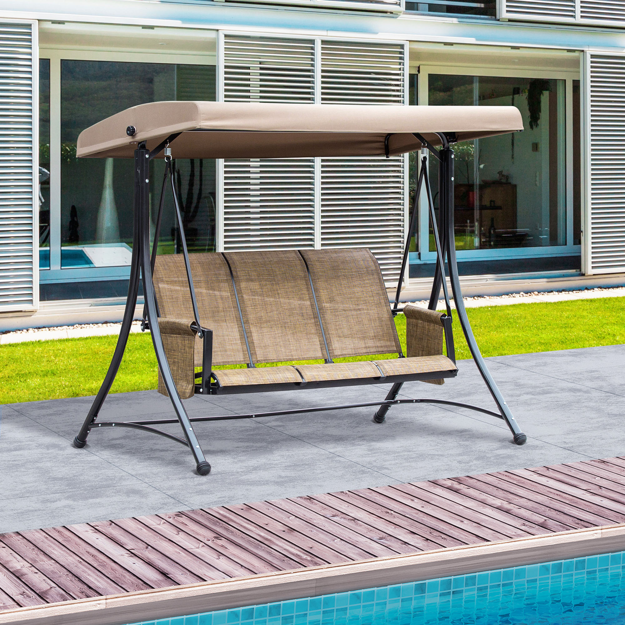 3 Person Porch Swing Outdoor Swing Chair with High Back Design, Side Pouches and Adjustable Canopy, Brown - Image 6