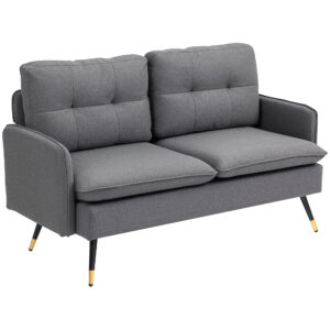 55" Loveseat Sofa, Linen Love Seat w/ S spring, Steel Legs and Button Tufting, Small Couch for Living Room, Dark Grey