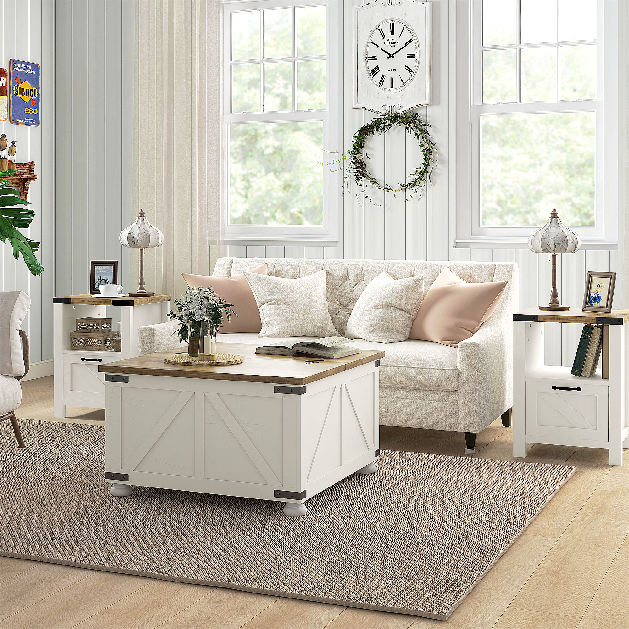 Farmhouse Coffee Table, Square Center Table with Flip-top Lids, Hidden Storage Compartment and Wooden Legs, Antique White - Image 6