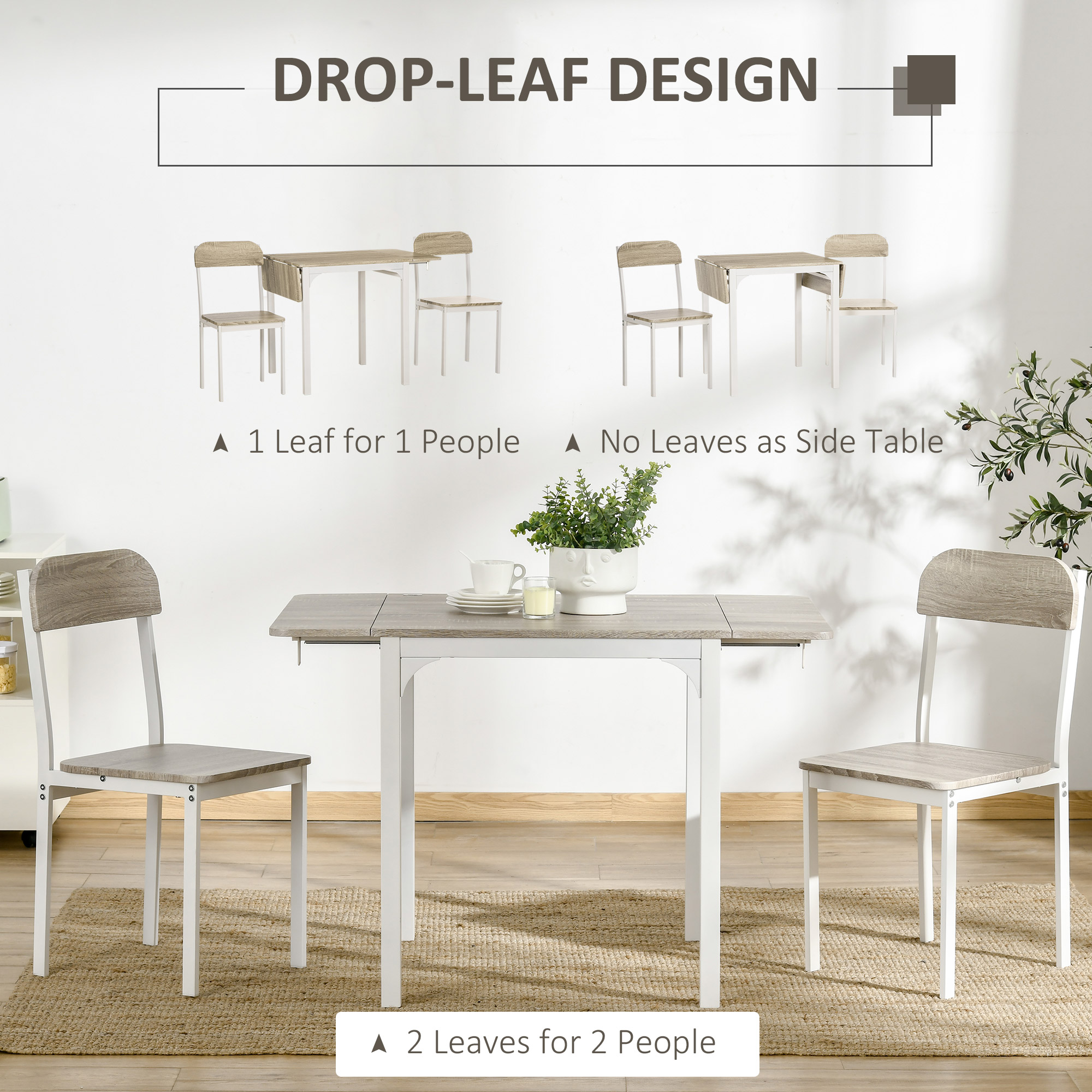Foldable Dining Table Set for 2, Drop-Leaf Kitchen Table with 2 Chairs for Apartments, Studios, Natural Drop-leaf Dining Table Set Includes 2 Chairs - Image 3