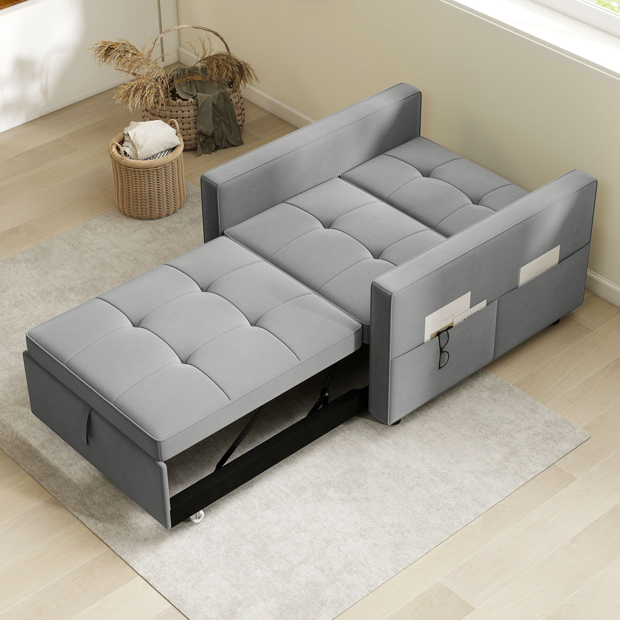 Convertible Chair Bed, Pull Out Sleeper Chair with USB, Adjustable Backrest, Small Velvet Futon Sofa Bed, Grey - Image 6