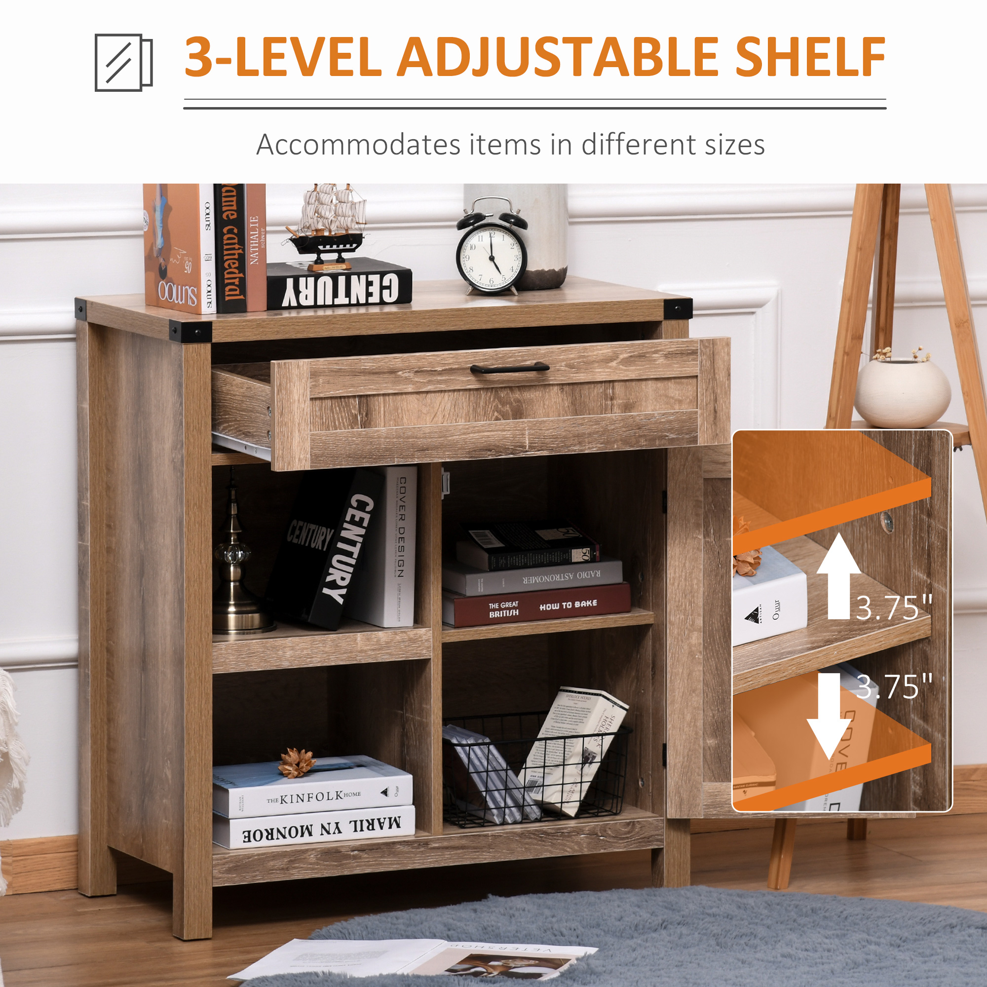 Rustic Barn Door Storage Cabinet Modern Farmhouse Buffet Sideboard for Kitchen and Dining Room, Light Oak - Image 2