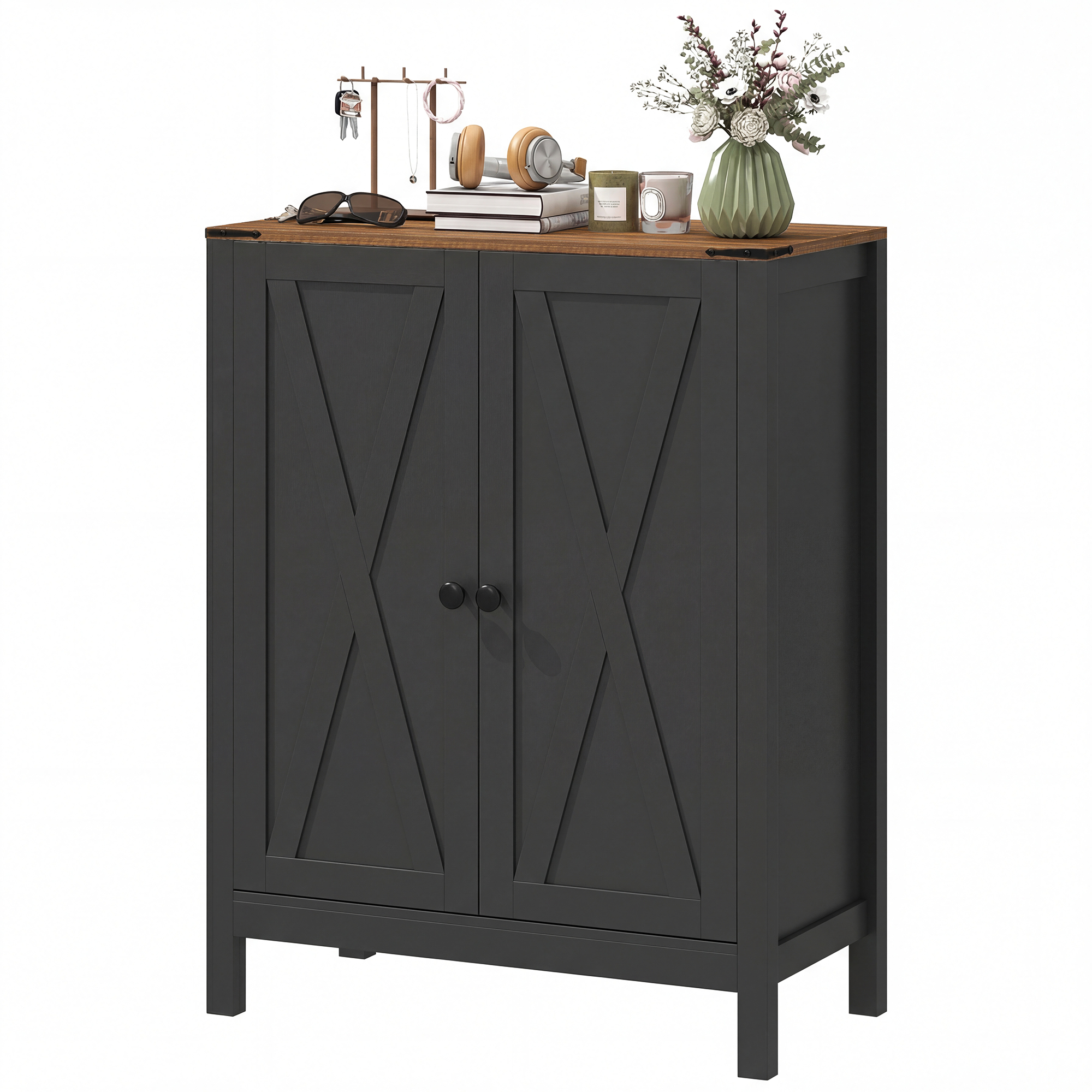 Shoe Cabinet with Barn Doors, Farmhouse Shoe Storage Cabinet with Adjustable Shelves, Holds up to 15 Pairs, Black