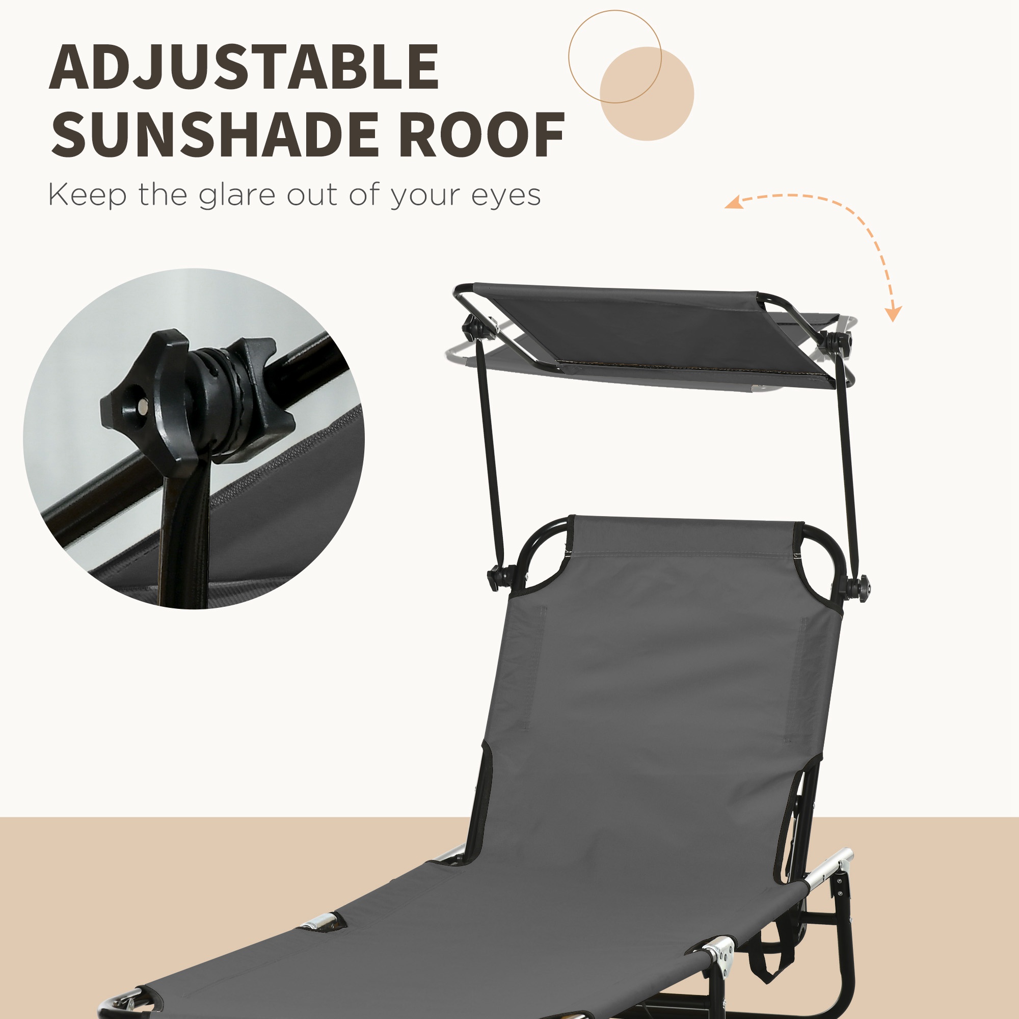 2 Piece Folding Outdoor Chaise Lounges, Pool Tanning Chairs with Reclining Back, Sunshade for Beach, Patio, Dark Grey - Image 3