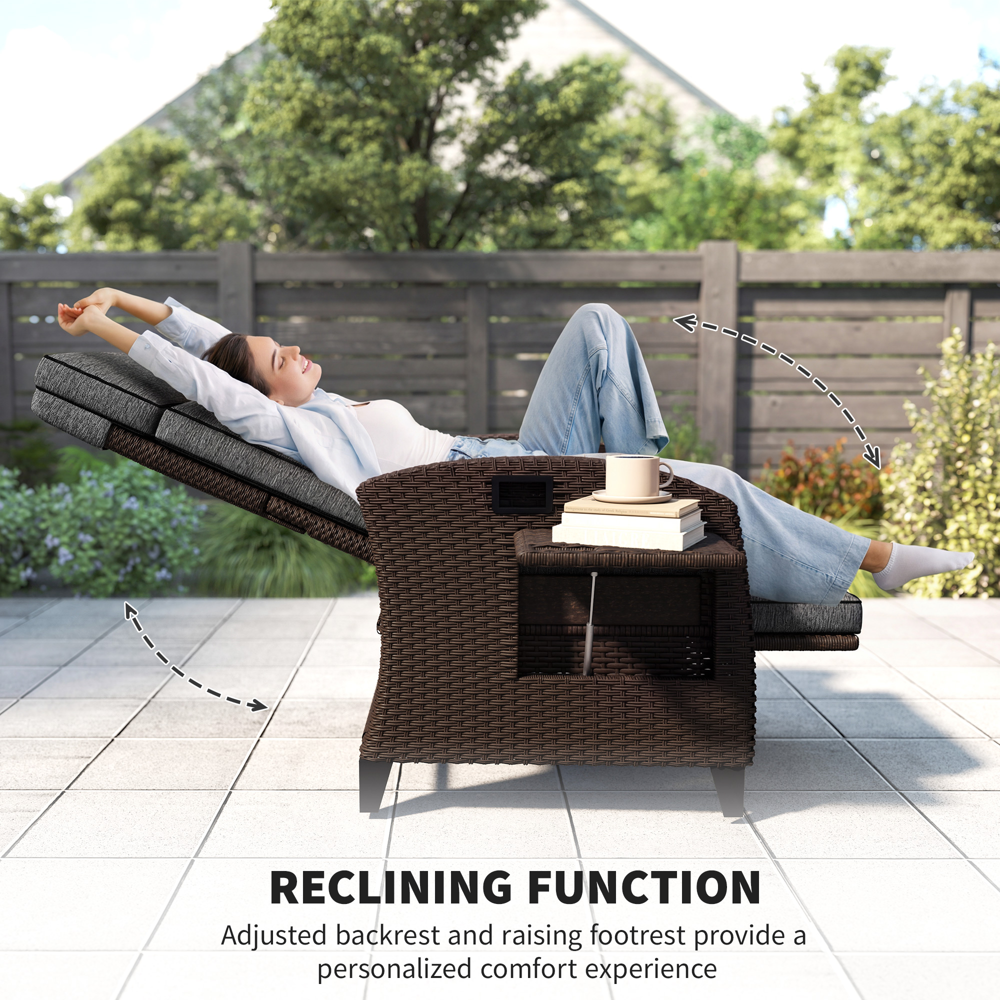 Outdoor Recliner Chair with Adjustable Backrest, Cushion, Side Tray, Dark Grey - Image 2