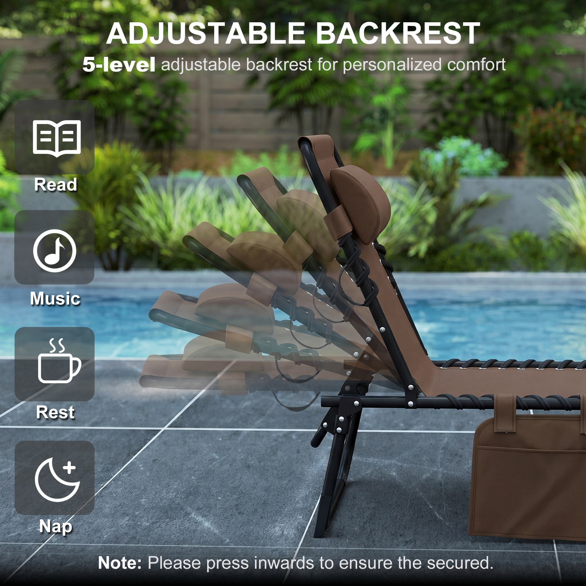 Outdoor Folding Chaise Lounge, Reclining Lounge Chair with Adjustable Backrest and Removable Pillow, Brown - Image 2