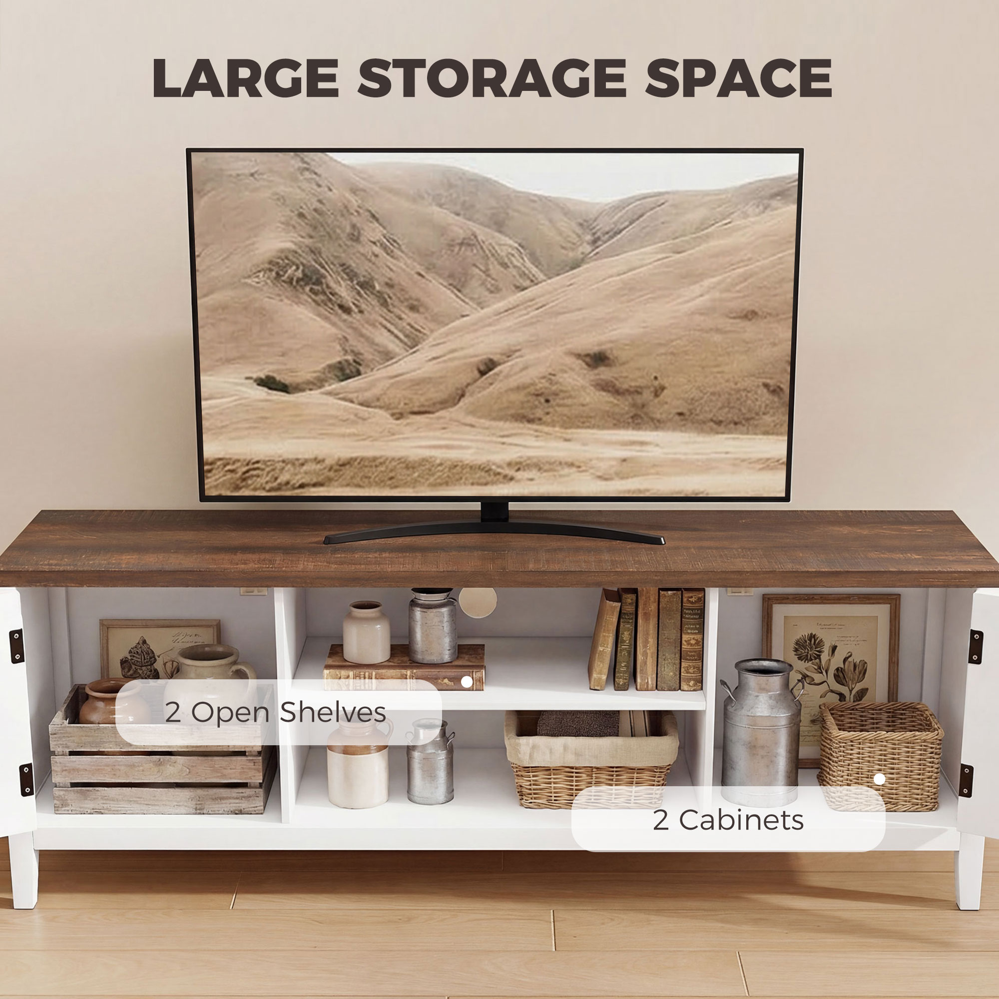 TV Stand for TVs up to 65 Inch, Entertainment Center with 2 Open Shelves, 2 Cabinets, Thick Top, White and Brown - Image 3