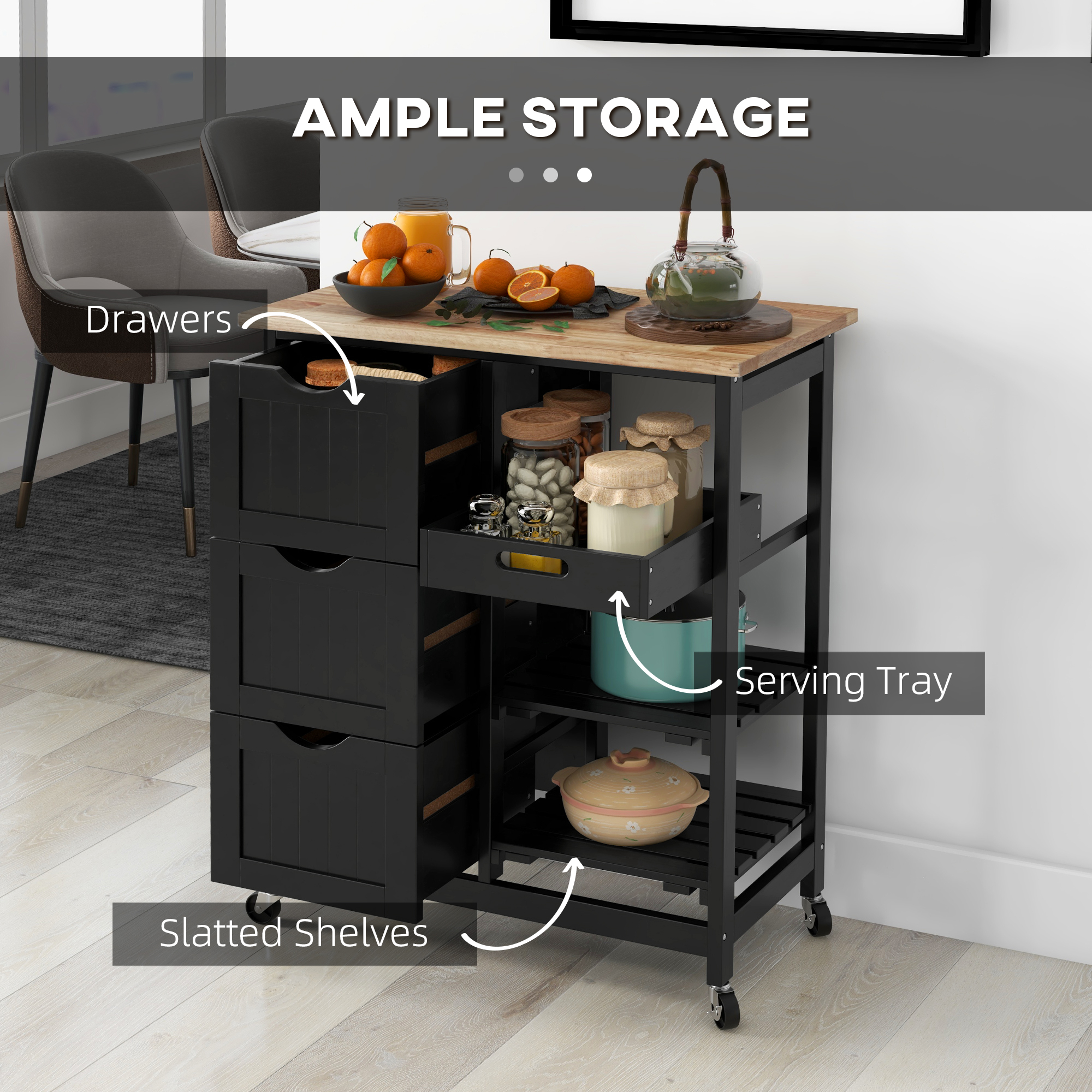 Kitchen Cart on Wheels, Rolling Kitchen Island Cart with Wood Top, 3 Drawers and Shelves for Home Dining Area, Black - Image 2