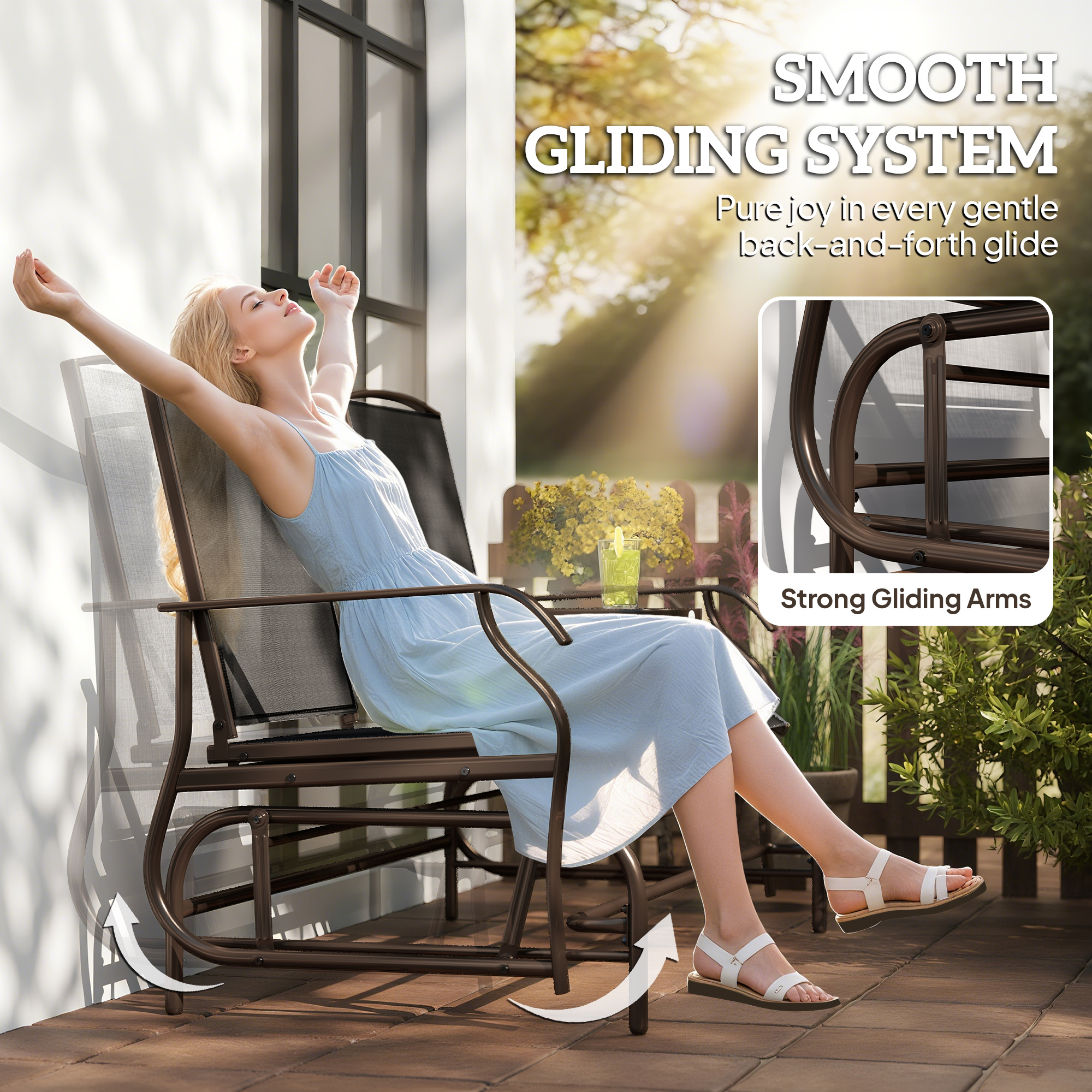 Patio Glider Rocking Chair 2 Person Outdoor Loveseat Rocker Garden Furniture Bench, Black - Image 2