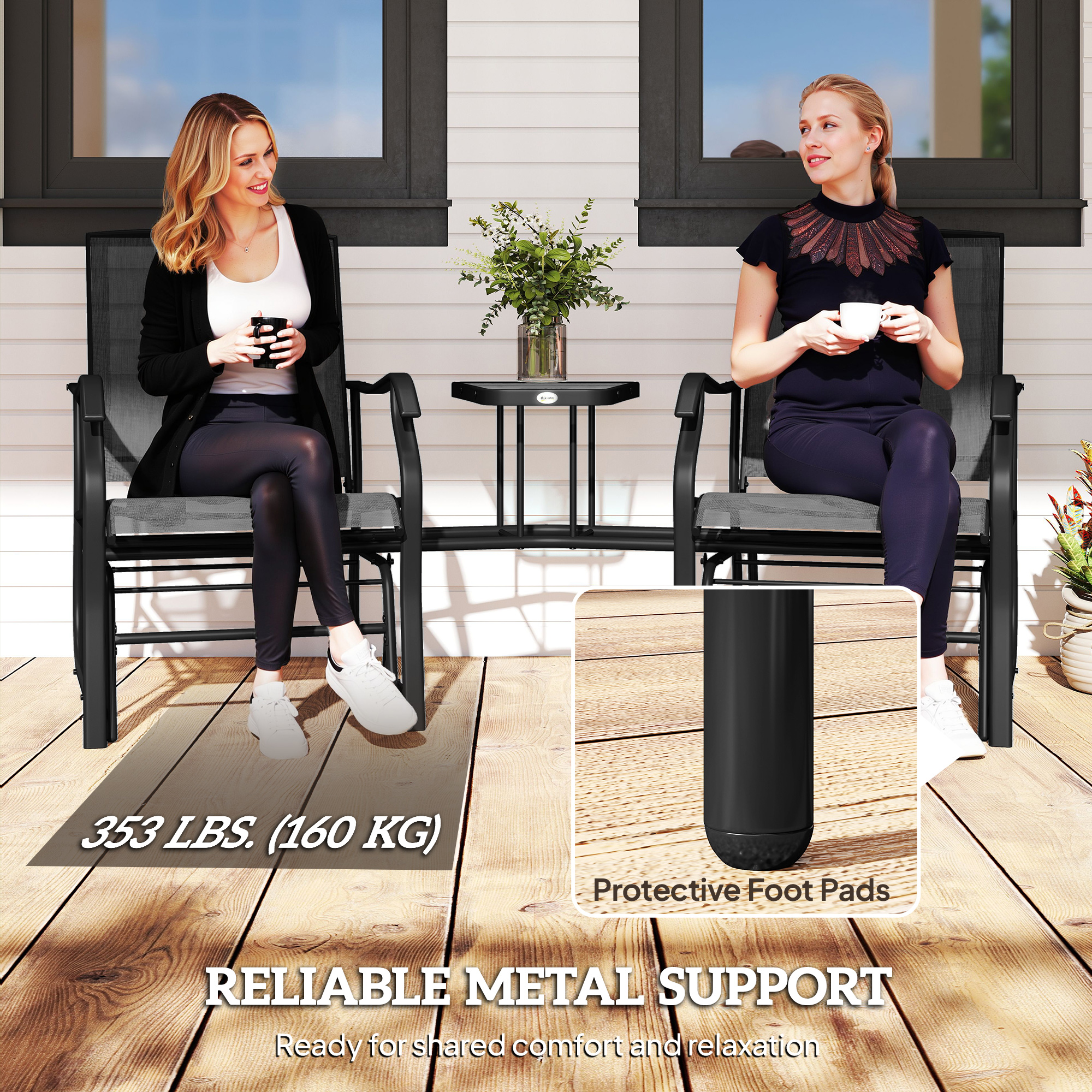 Double Patio Glider Chair with Glass Top Center Table, Outdoor Glider Loveseat with High Back, All Weather Breathable Mesh Fabric for Garden, Backyard, Deck, Black - Image 5