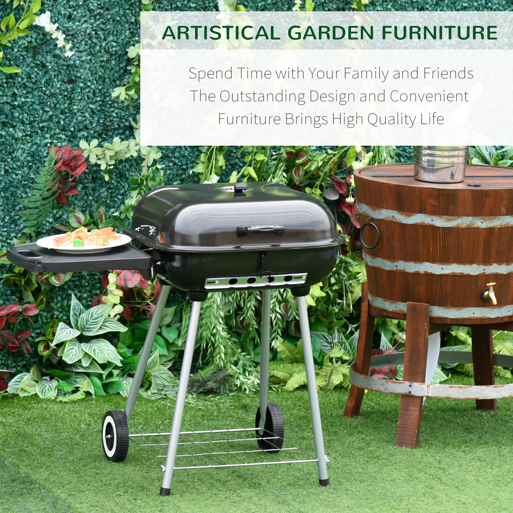 Charcoal BBQ Grill with Warming Rack & Storage Side Table, Portable Barbecue Smoker, 89 x 60 x 83 cm, Black - Image 4