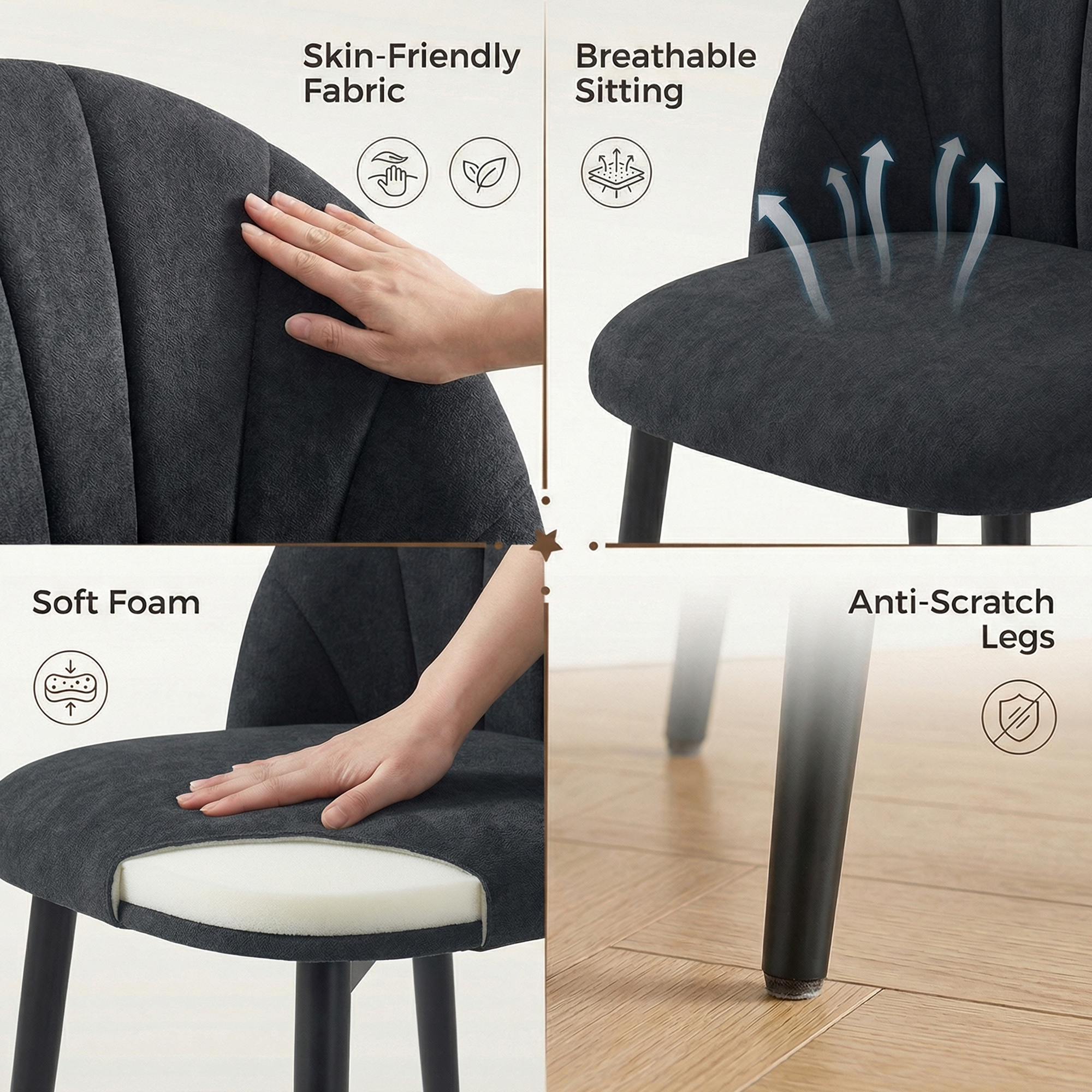 Modern Dining Chairs Set of 4, Upholstered Dining Room Chairs with Metal Legs, Shell Backrest, Padded Seat, Black - Image 4