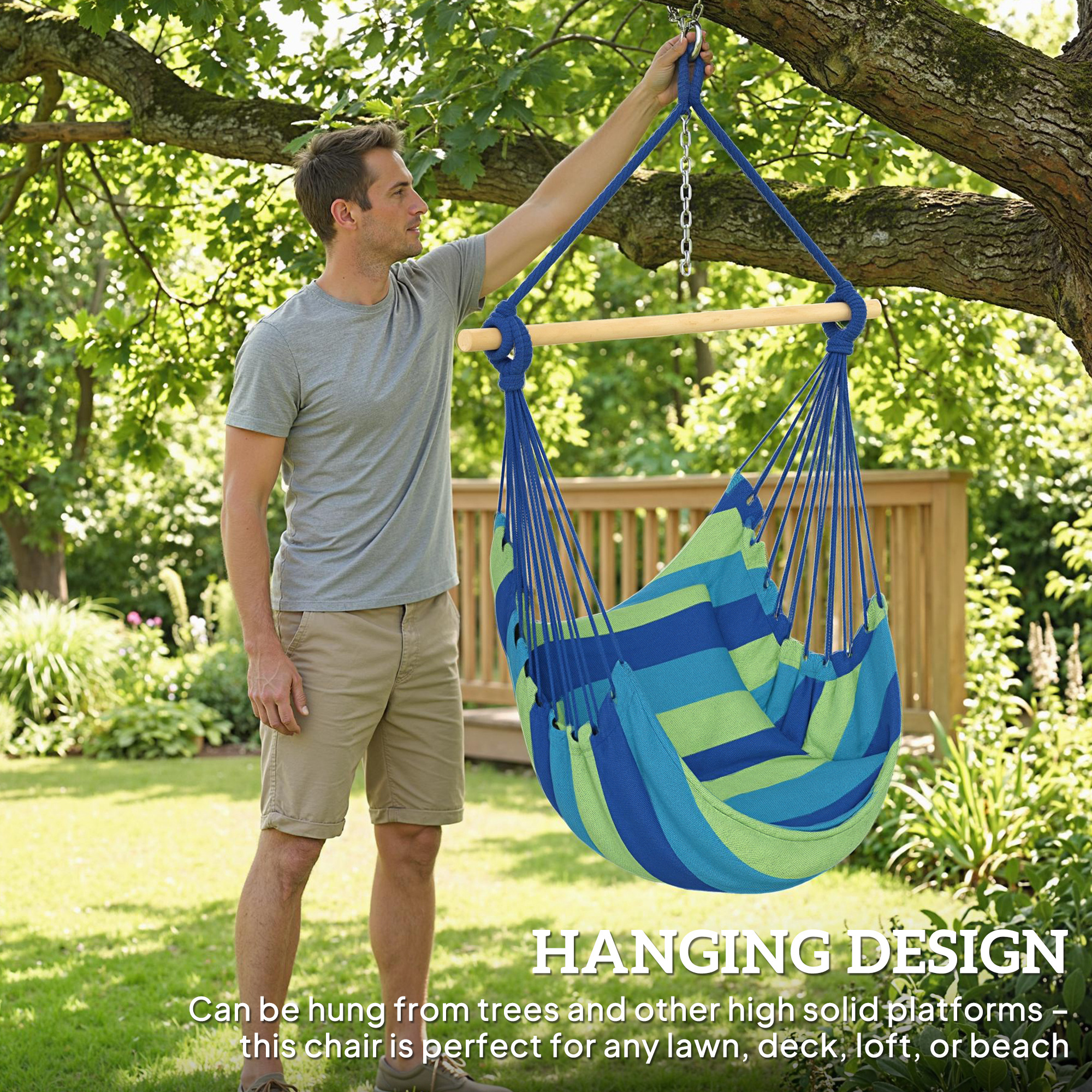 Hammock Chair Swing Hanging Macrame Chair w/ Two Soft Seat Cushions, Blue and Green - Image 4