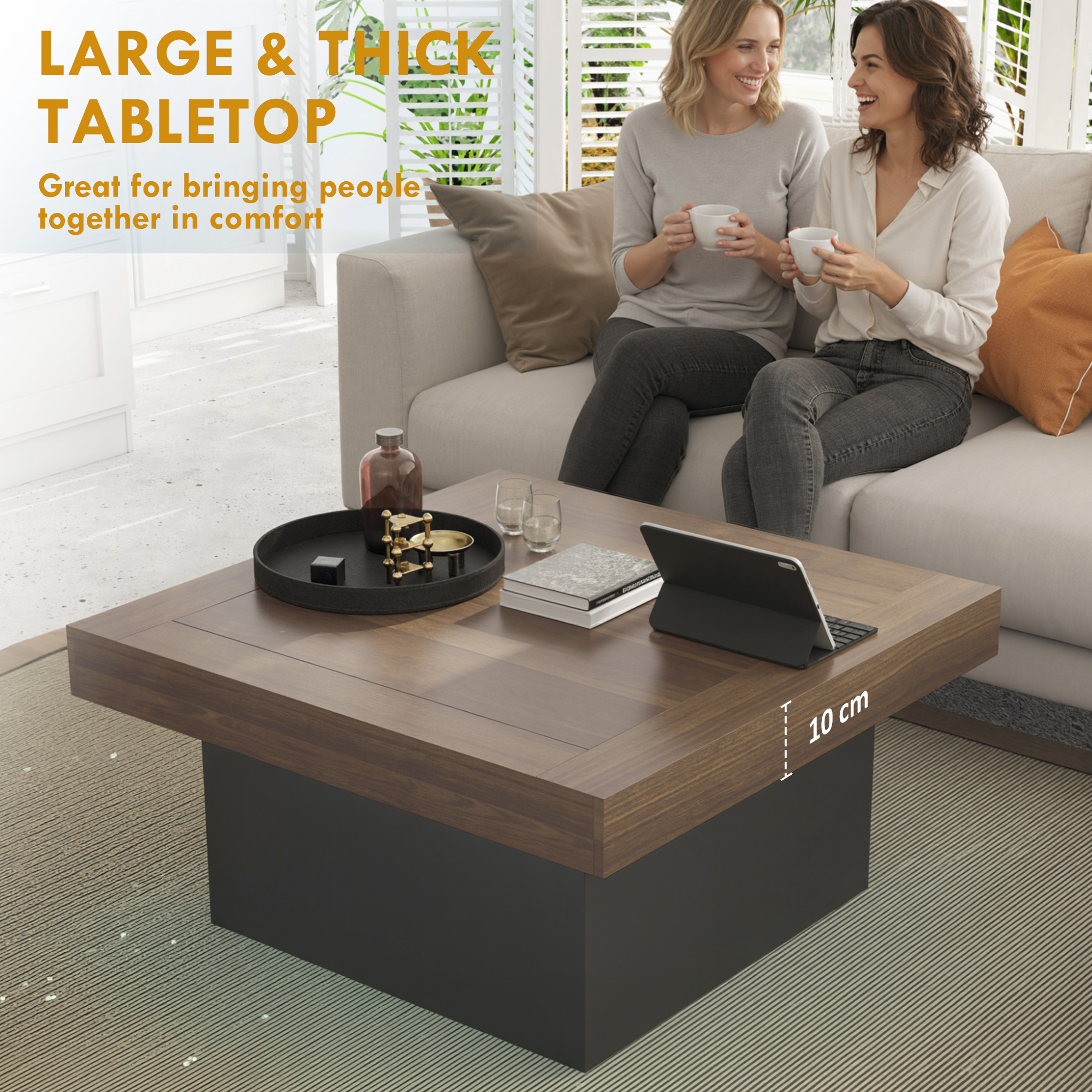 Square Coffee Table with 16-Colour LED Lights, 35-inch Modern Center Table for Living Room, Walnut - Image 3