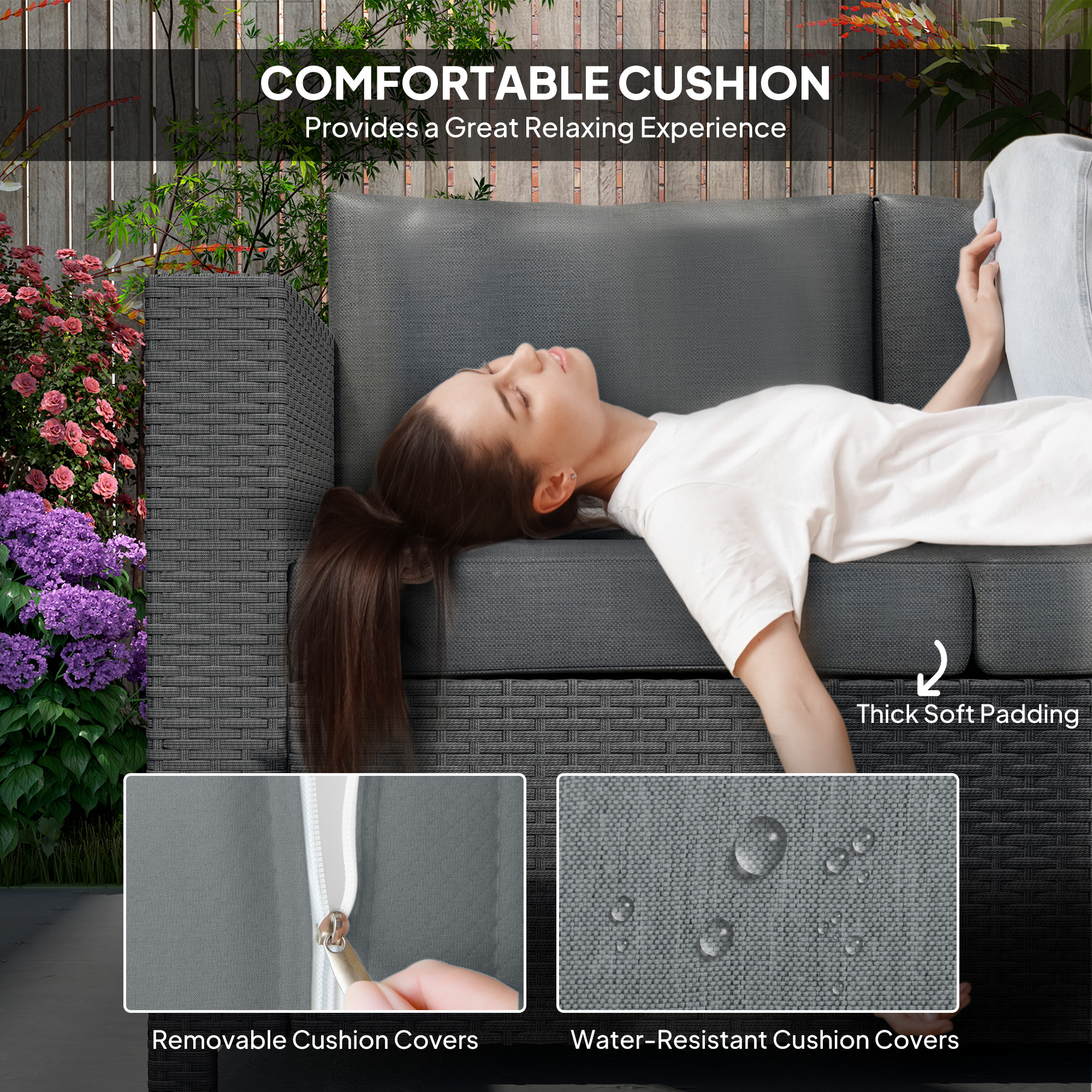 Deluxe 3 Seat Rattan Wicker Sofa Garden Outdoor Patio Furniture with Cushion, Grey - Image 3