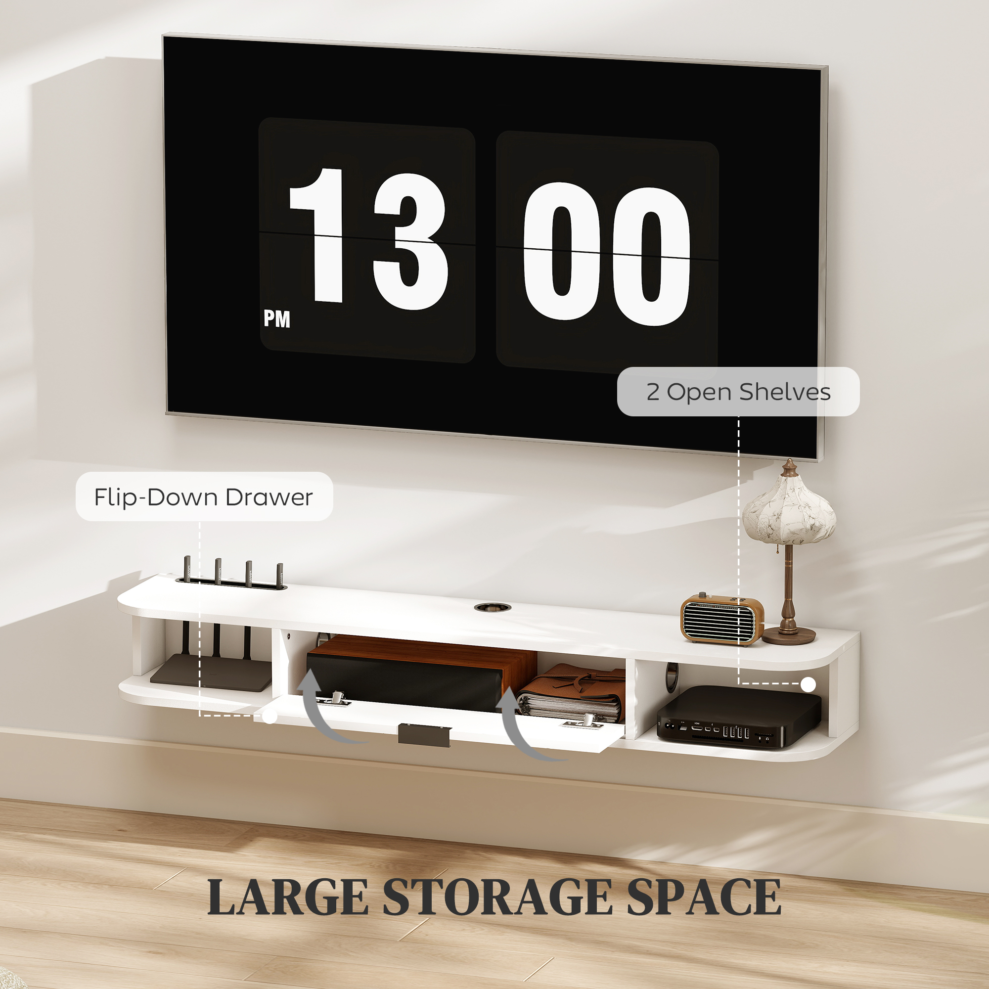 47" Floating TV Stand for TVs up to 50 Inch, Wall Mounted Media Console with Flip Drawer and 2 Open Shelves, White - Image 3