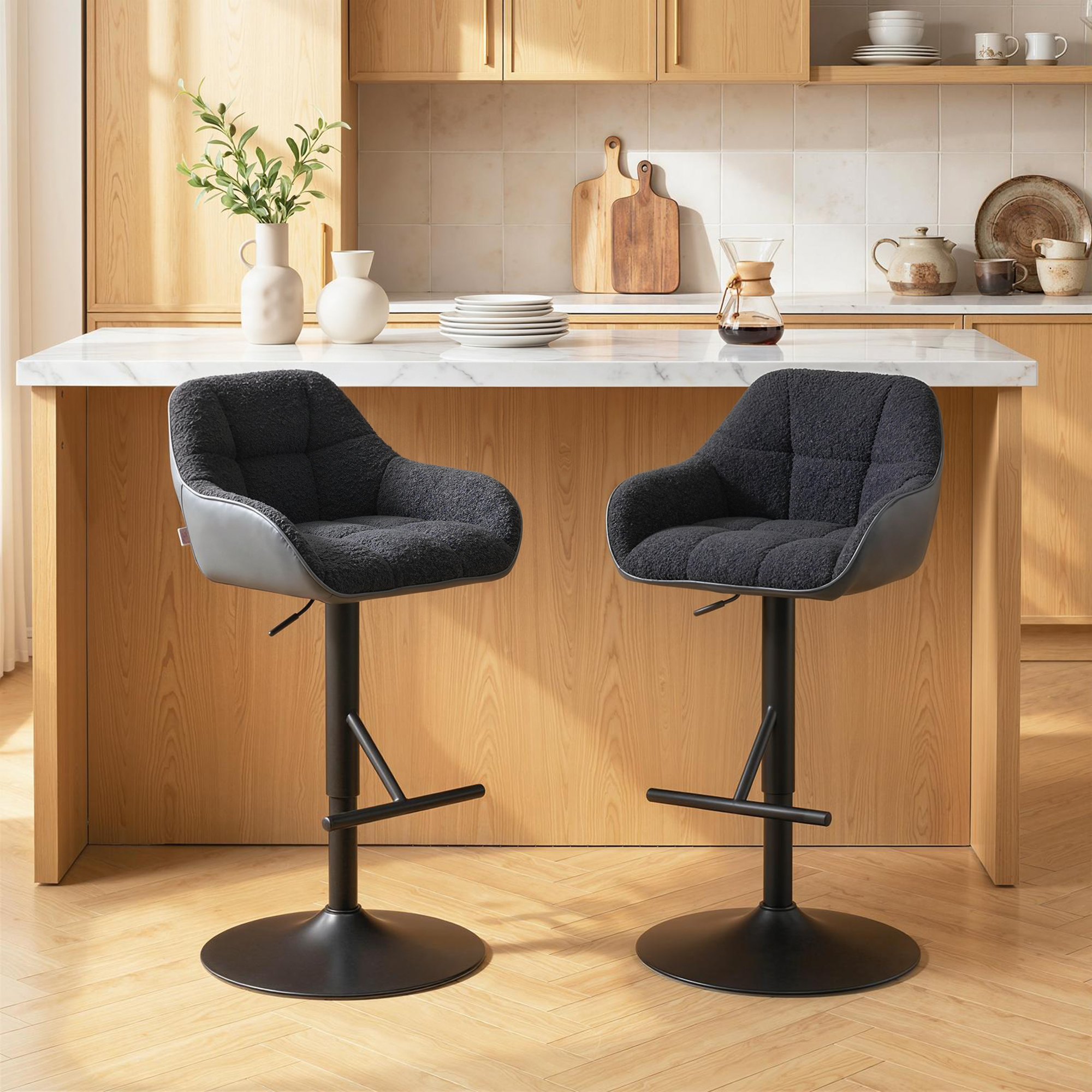 Bar Stools Set of 2, Swivel Counter Height Barstools with Back, Footrest, Armrests, Adjustable Height, Black - Image 6