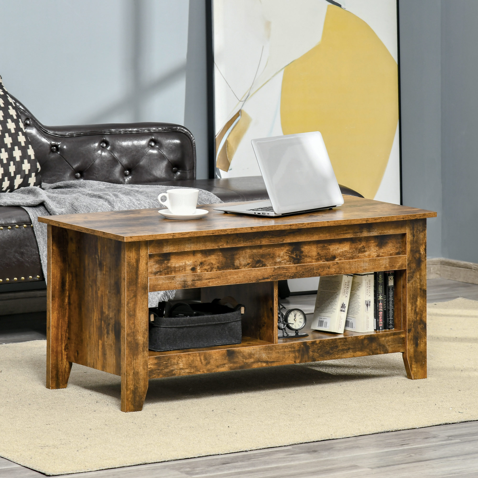 Lift Top Coffee Table with Hidden Storage Compartment and Open Shelves, Lift Tabletop Pop-Up Center Table for Living Room, Brown - Image 5