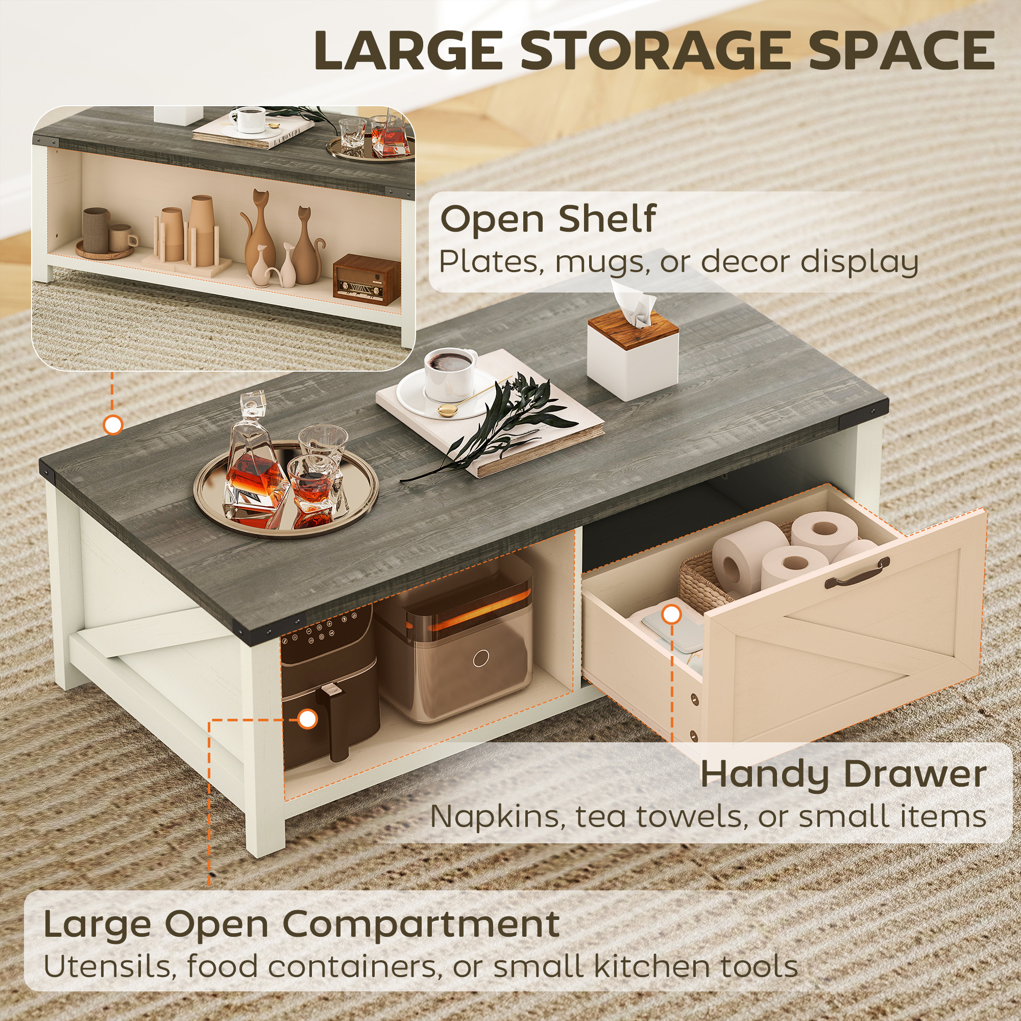 Farmhouse Coffee Table with Drawer, Open Storage Shelf for Living Room, Dining Room, Office, Distressed White - Image 2