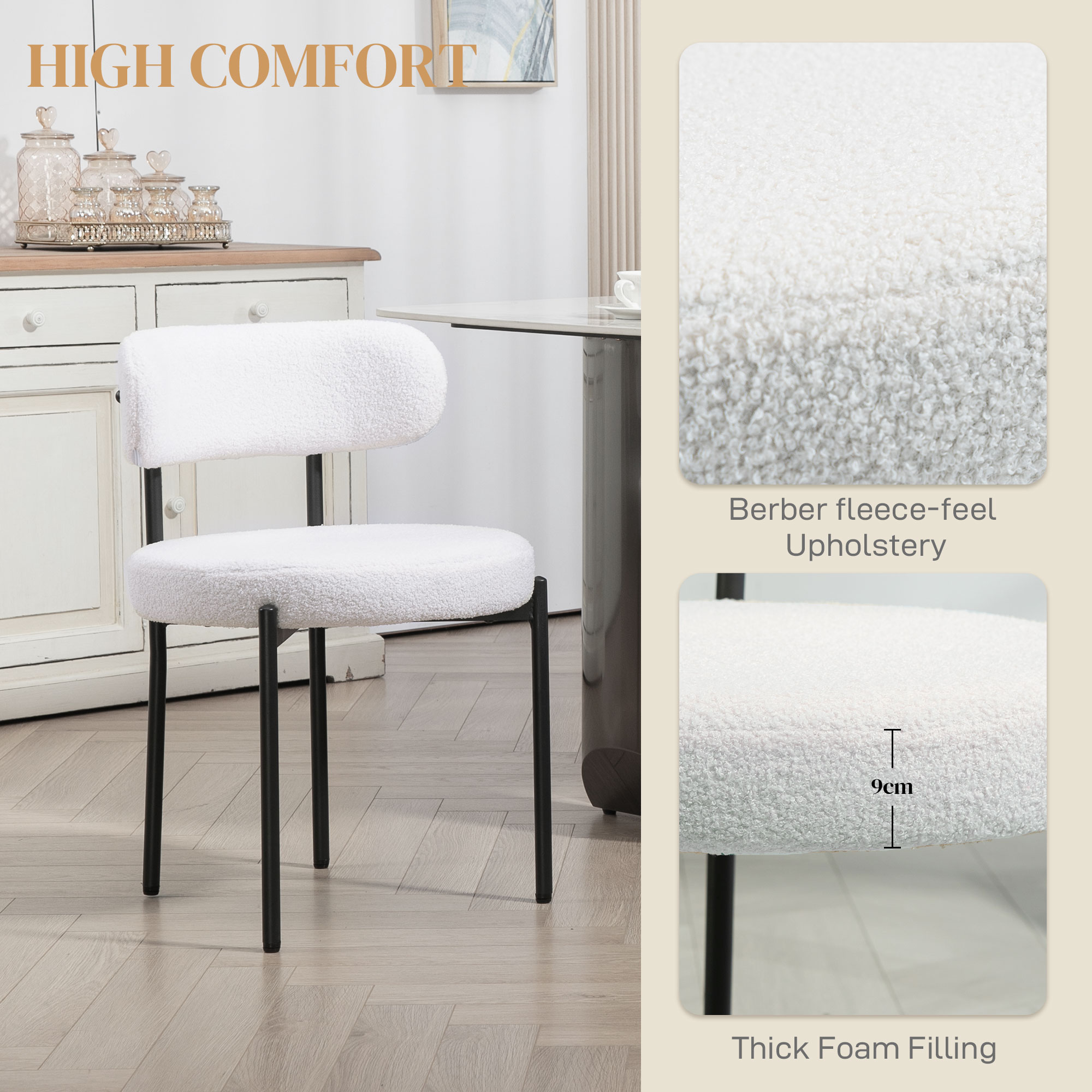 4 Pieces Kitchen Chairs, Modern Dining Chairs w/ Berber Fleece Upholstery and Steel Legs for Living Room, Cream White - Image 3