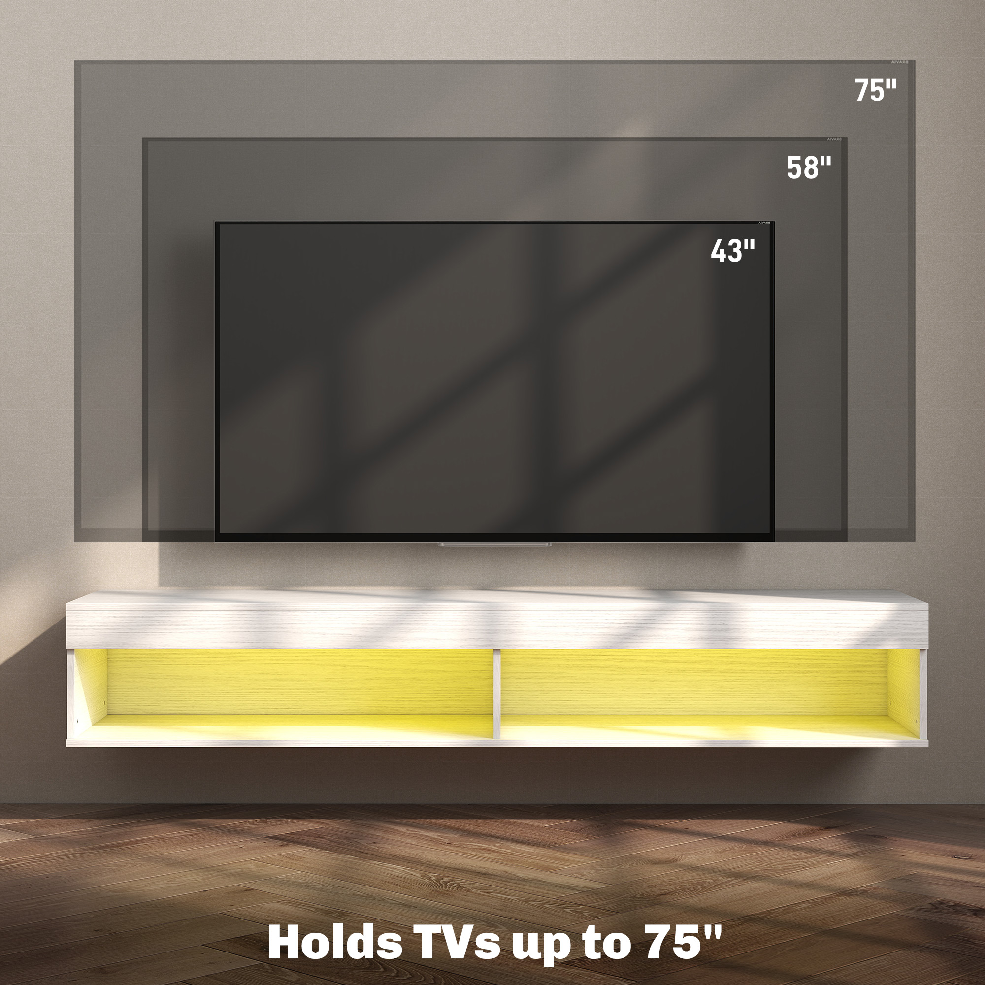 Modern Wall Mounted TV Stand with Storage and LED Lights for TVs up to 75", Floating TV Shelf for Living Room, White - Image 4