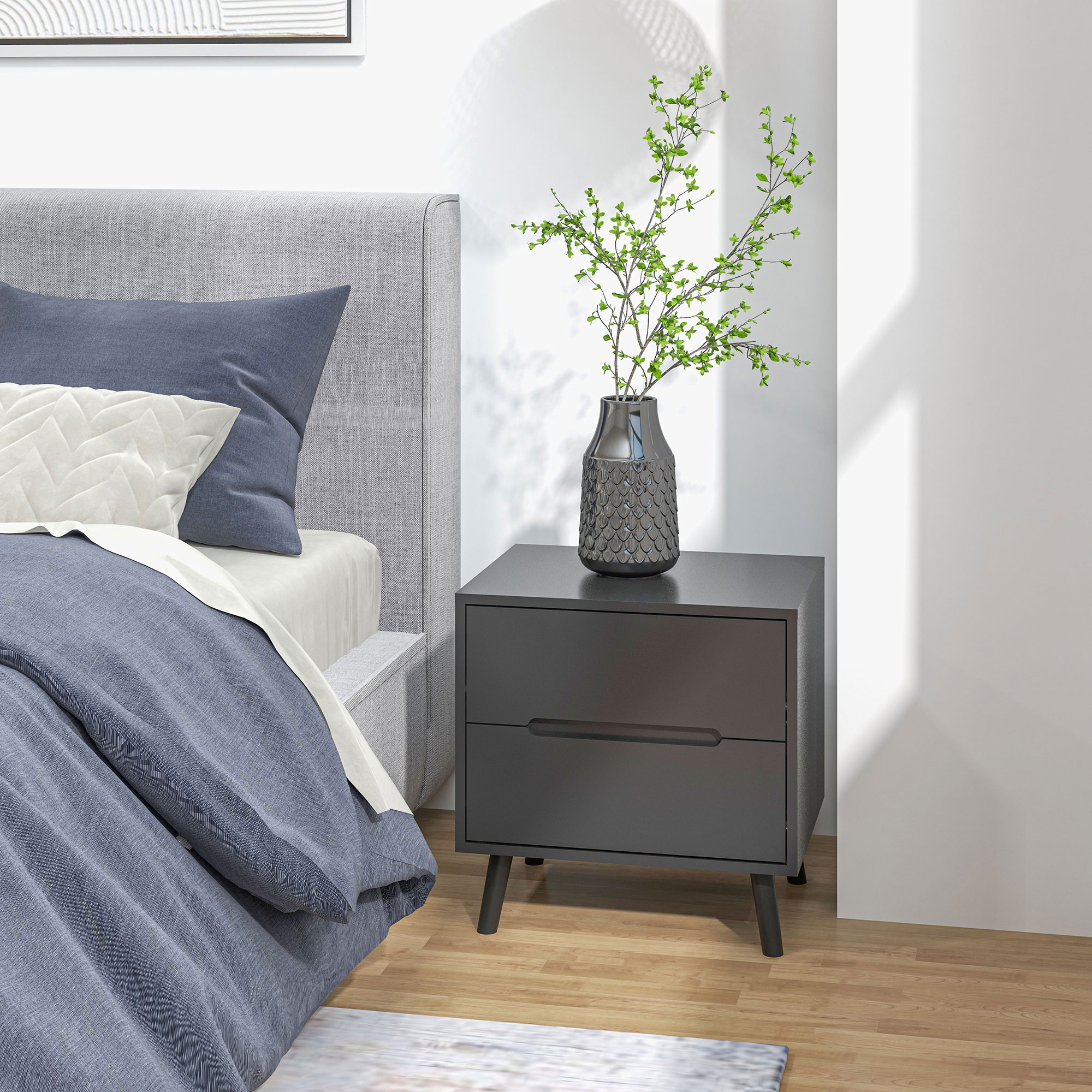 Modern Nightstand, Night Table with 2 Drawers, Bed End Table with Solid Wood Legs for Bedroom - Image 6