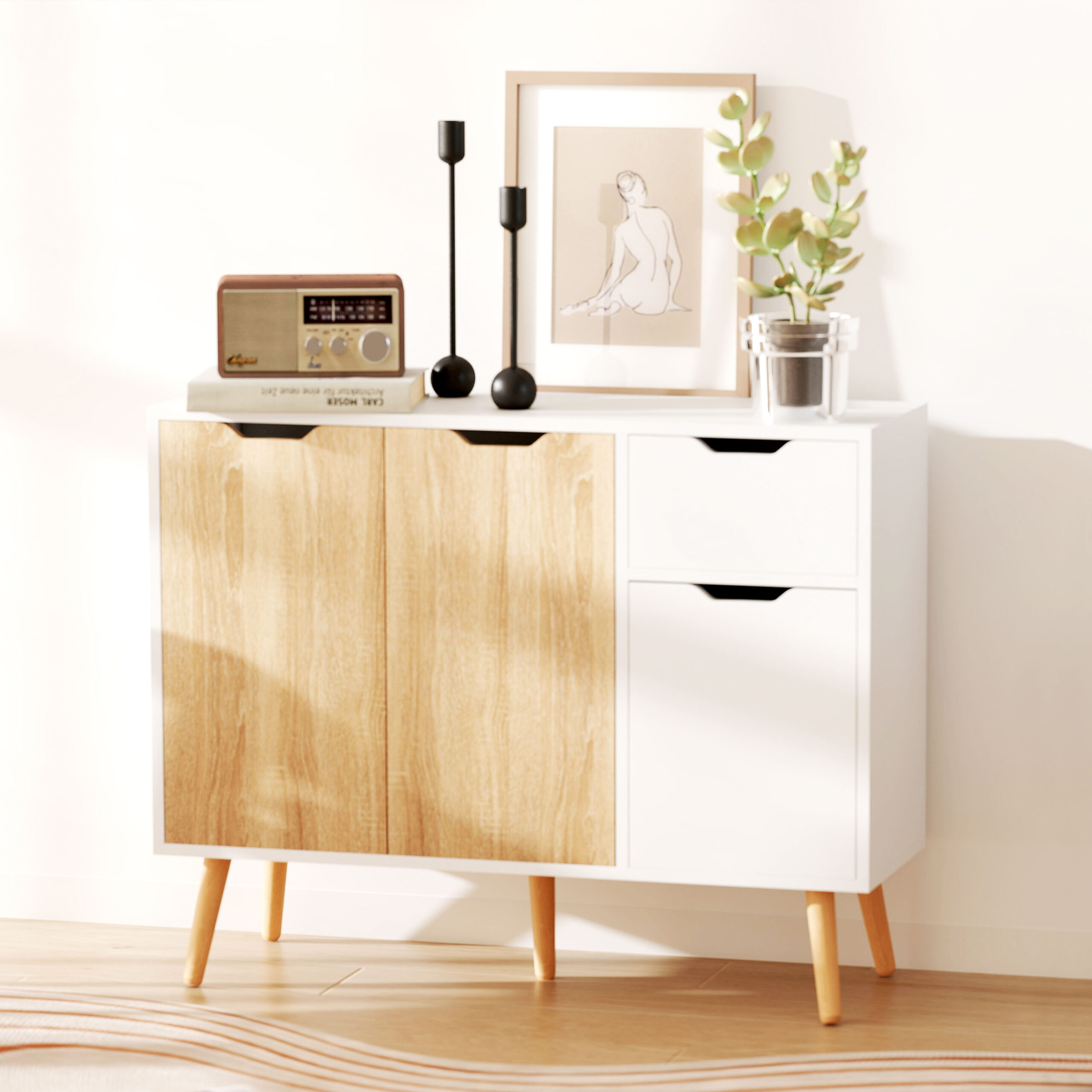 35" Sideboard Storage Cabinet with Drawer, White and Nature Wood - Image 5