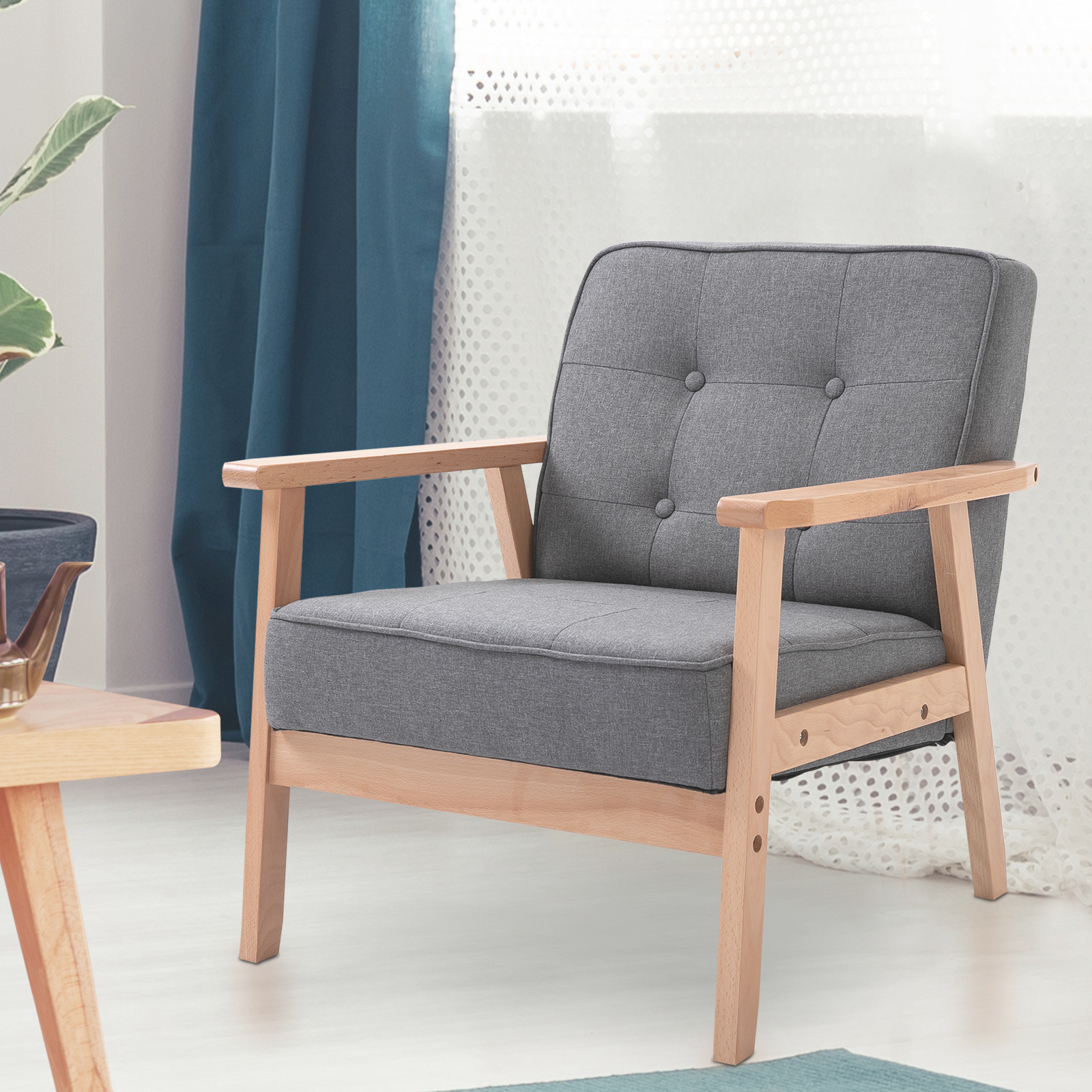 Mid-Century Accent Chair Modern Fabric Upholstered Tufted Back Lounge Sofa Seat - Grey - Image 6