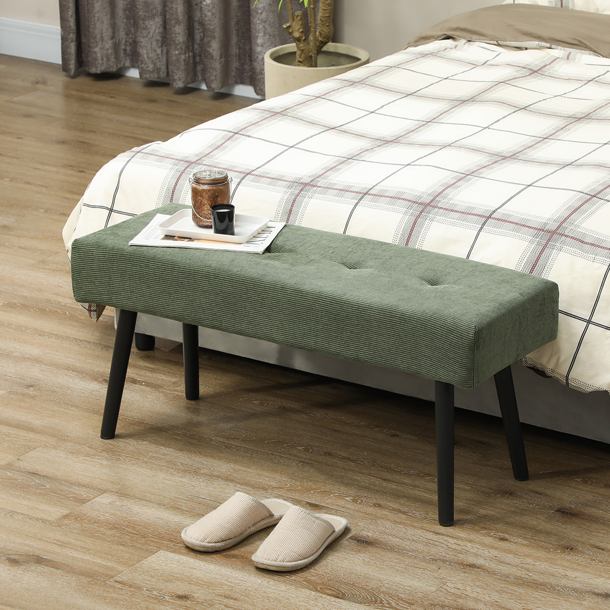 39" Upholstered Ottoman Bench, Corduroy Entryway Bedroom Bench with Padded Seat and Steel Legs for Bedroom, Green - Image 6