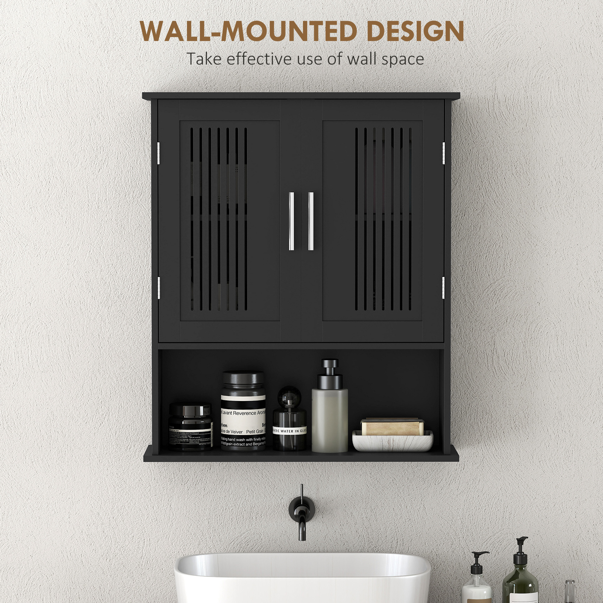 Modern Wall Mount Bathroom Cabinet, Storage Organizer with 2 Door Cabinet and Shelf, Black - Image 2