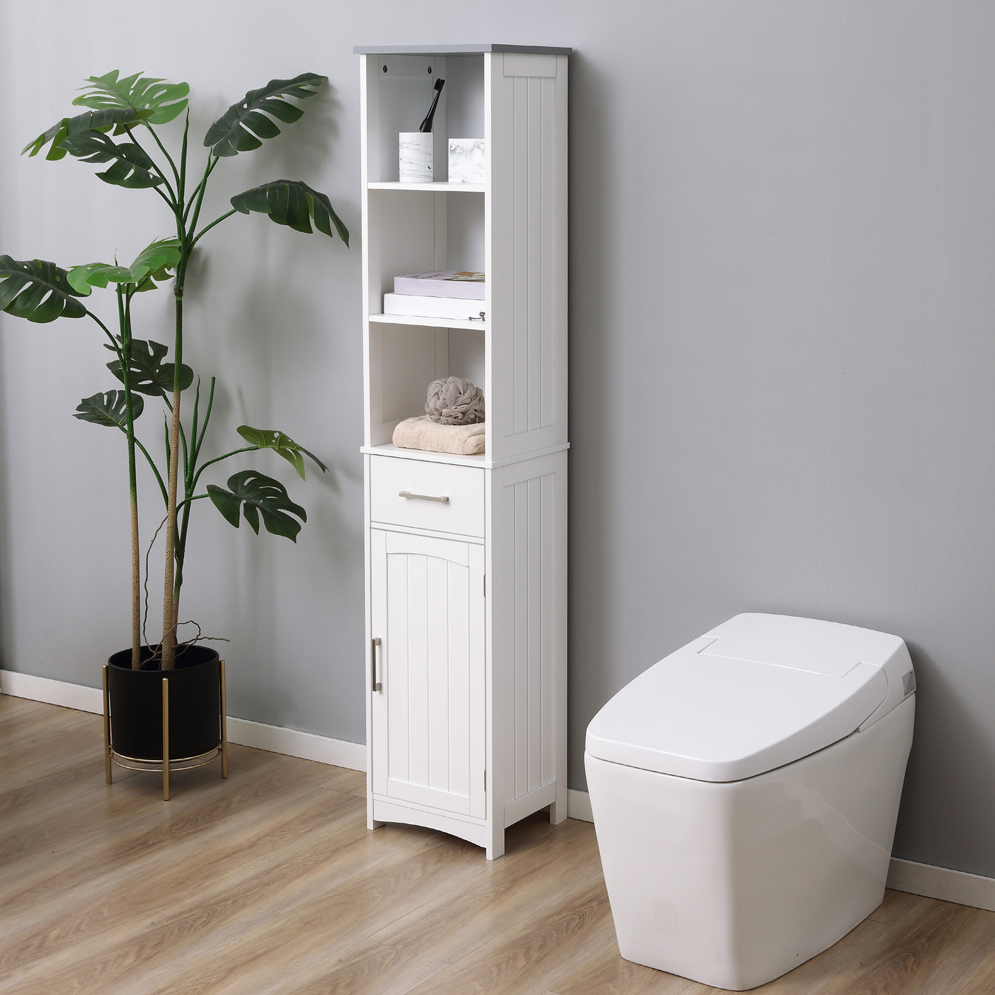 Tall Bathroom Storage Cabinet, Slim Bathroom Cabinet with 3 Tier Shelf, Drawer, Door, Freestanding Linen Tower, White - Image 6